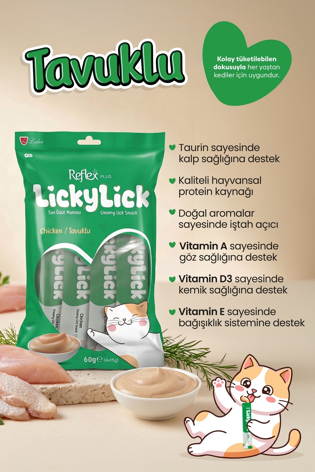 Reflex Plus LickyLick Tavuklu Sıvı Ödül Maması 15 gr 5li PAKET