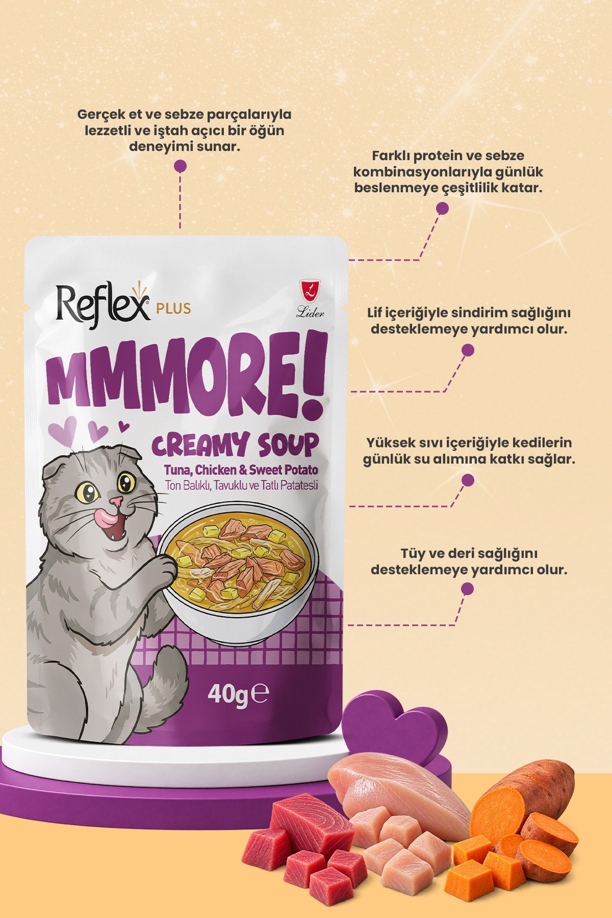 Reflex Plus Mmore Ton Balıklı Tavuklu ve Tatlı Patatesli Kremalı Kedi Çorbası 40 Gr*24lü SET