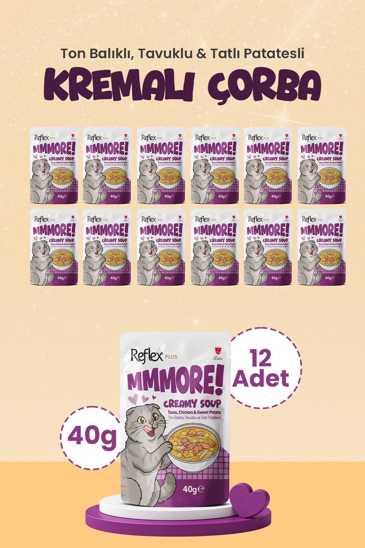Reflex Plus Mmore Ton Balıklı Tavuklu ve Tatlı Patatesli Kremalı Kedi Çorbası 40 Gr*12li SET
