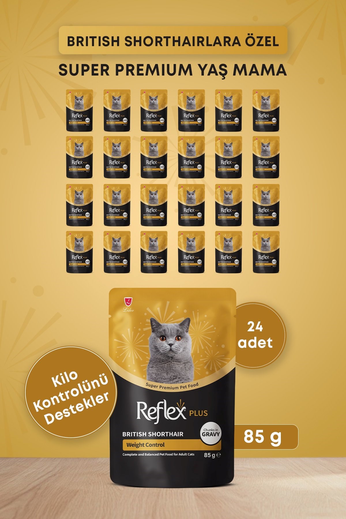 Reflex Plus Pounch  British Shorthair Sos İçinde Et Parçacıklı Yetişkin Kedi Maması 85 gr 24lü set