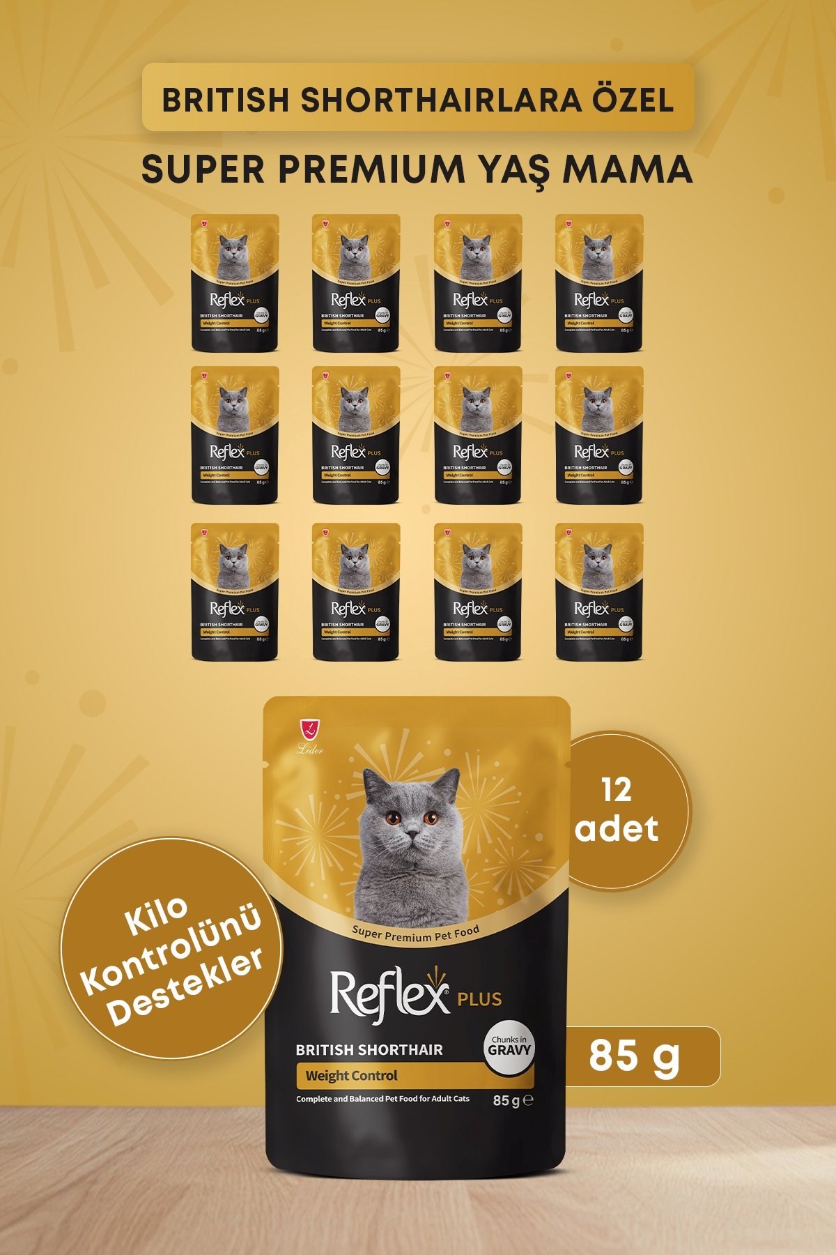 Reflex Plus Pounch  British Shorthair Sos İçinde Et Parçacıklı Yetişkin Kedi Maması 85 gr 12li set