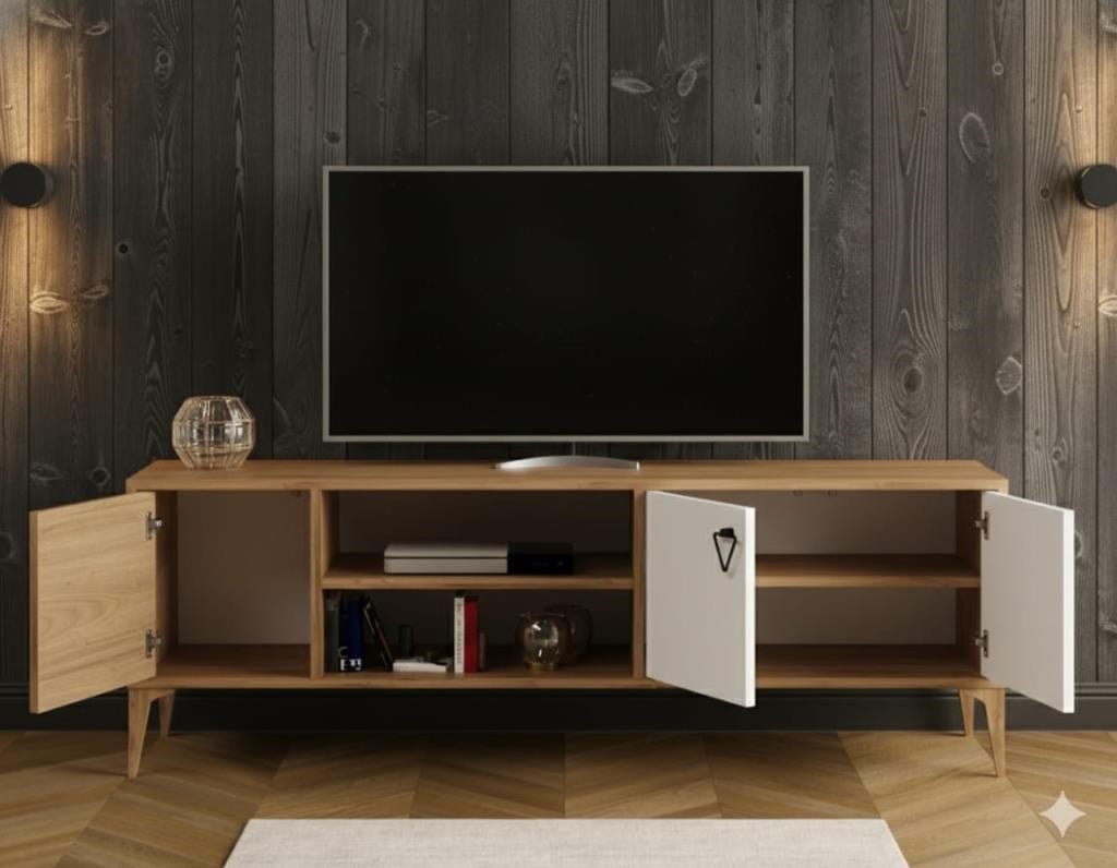 Rivo Tv Ünitesi Legnano-Beyaz Raflı ve Kapaklı Modern Tasarım 150 cm