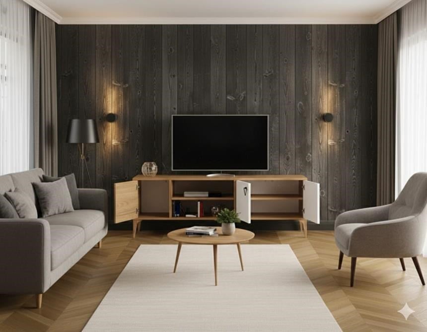 Rivo Tv Ünitesi Legnano-Beyaz Raflı ve Kapaklı Modern Tasarım 150 cm