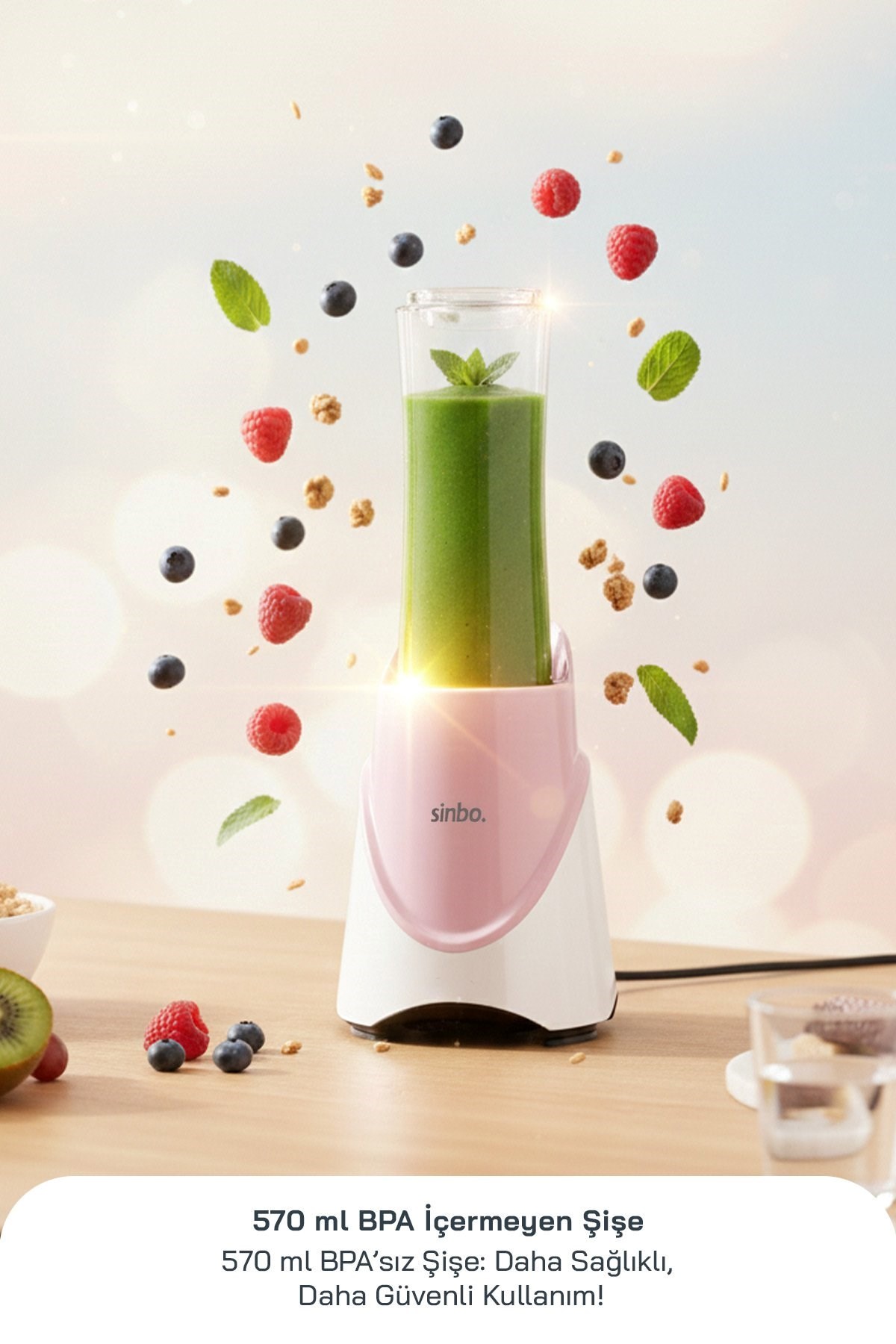Sinbo SHB-7508 300W Smoothie Blender Paslanmaz Çelik Bıçaklı 570 ml Tritan Sporcu Matarası-Pembe