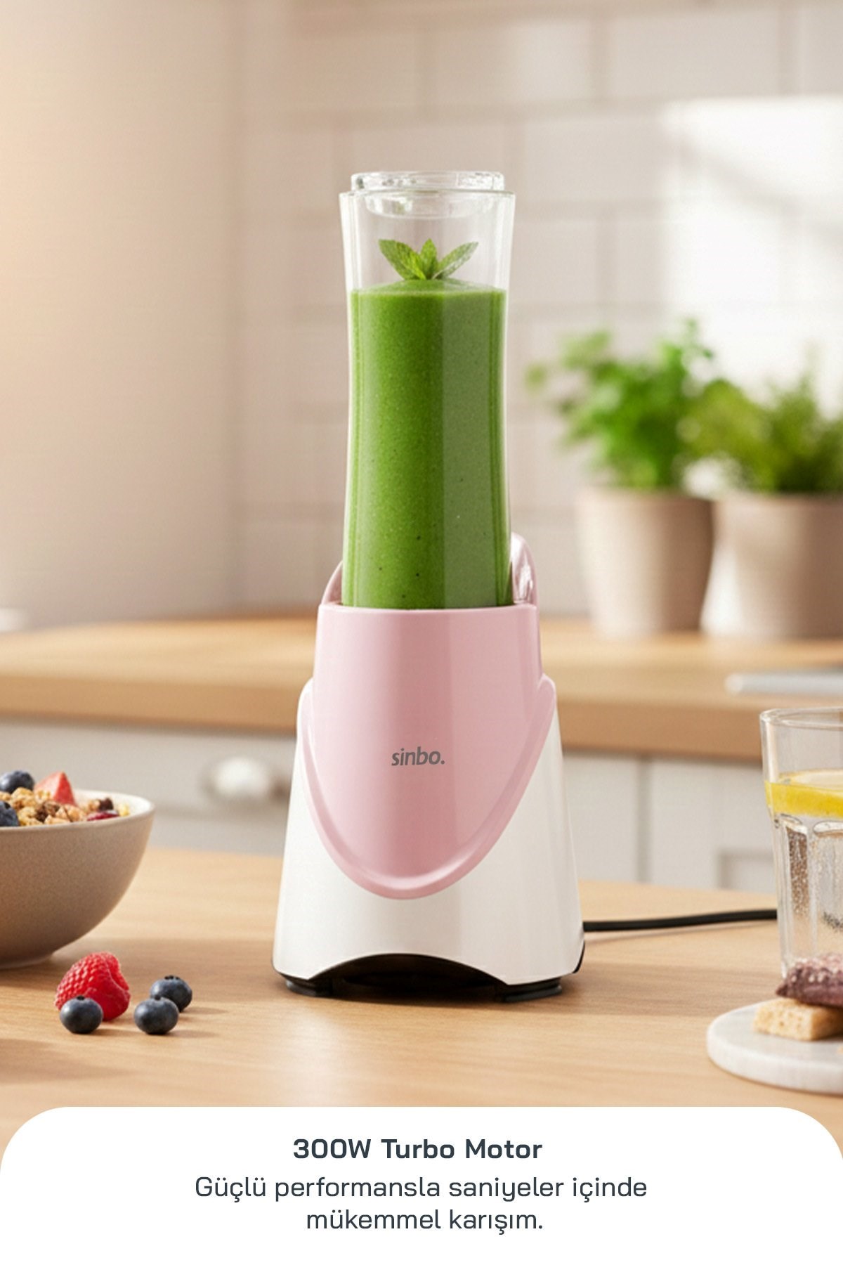Sinbo SHB-7508 300W Smoothie Blender Paslanmaz Çelik Bıçaklı 570 ml Tritan Sporcu Matarası-Pembe