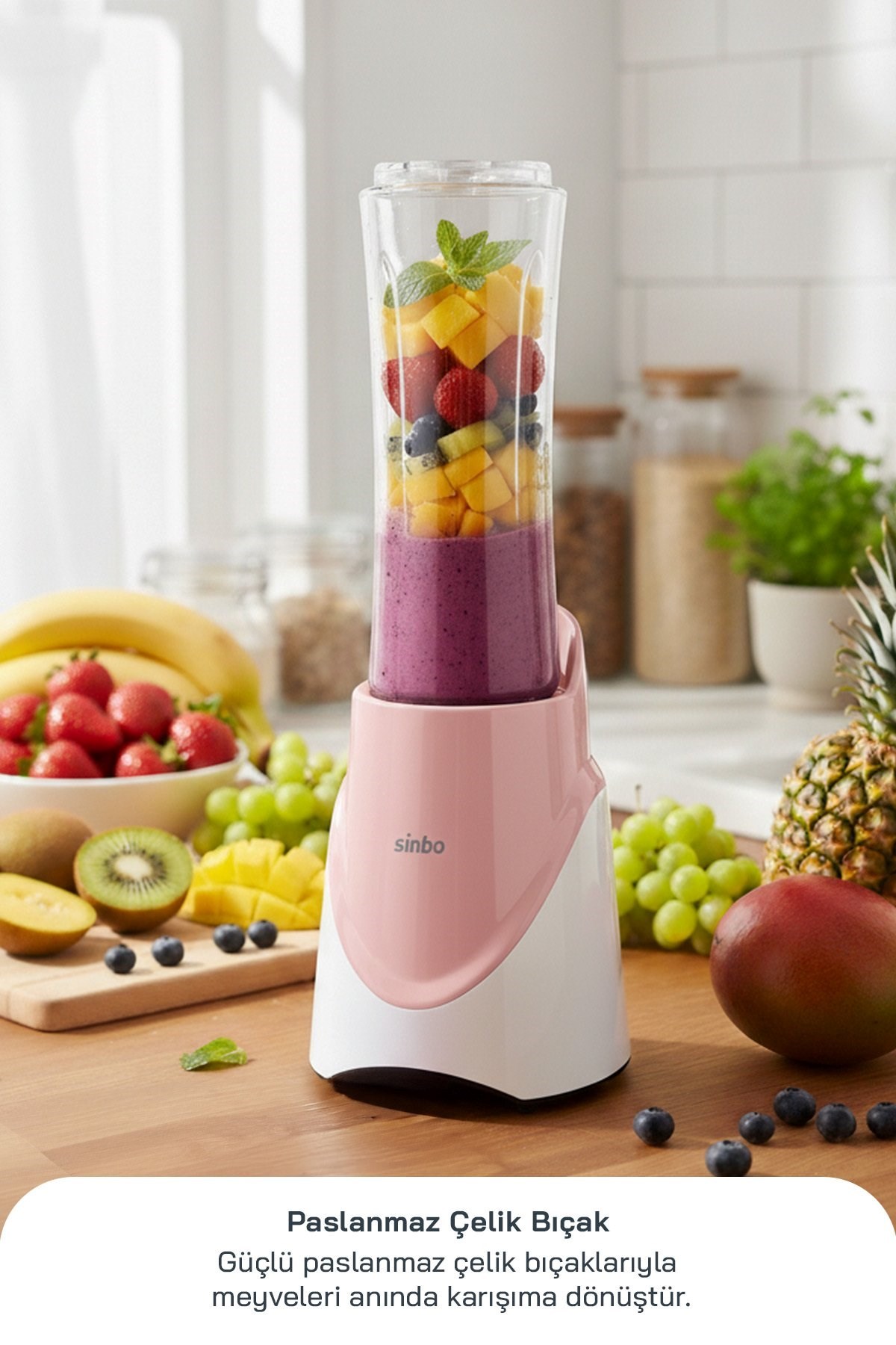 Sinbo SHB-7508 300W Smoothie Blender Paslanmaz Çelik Bıçaklı 570 ml Tritan Sporcu Matarası-Pembe