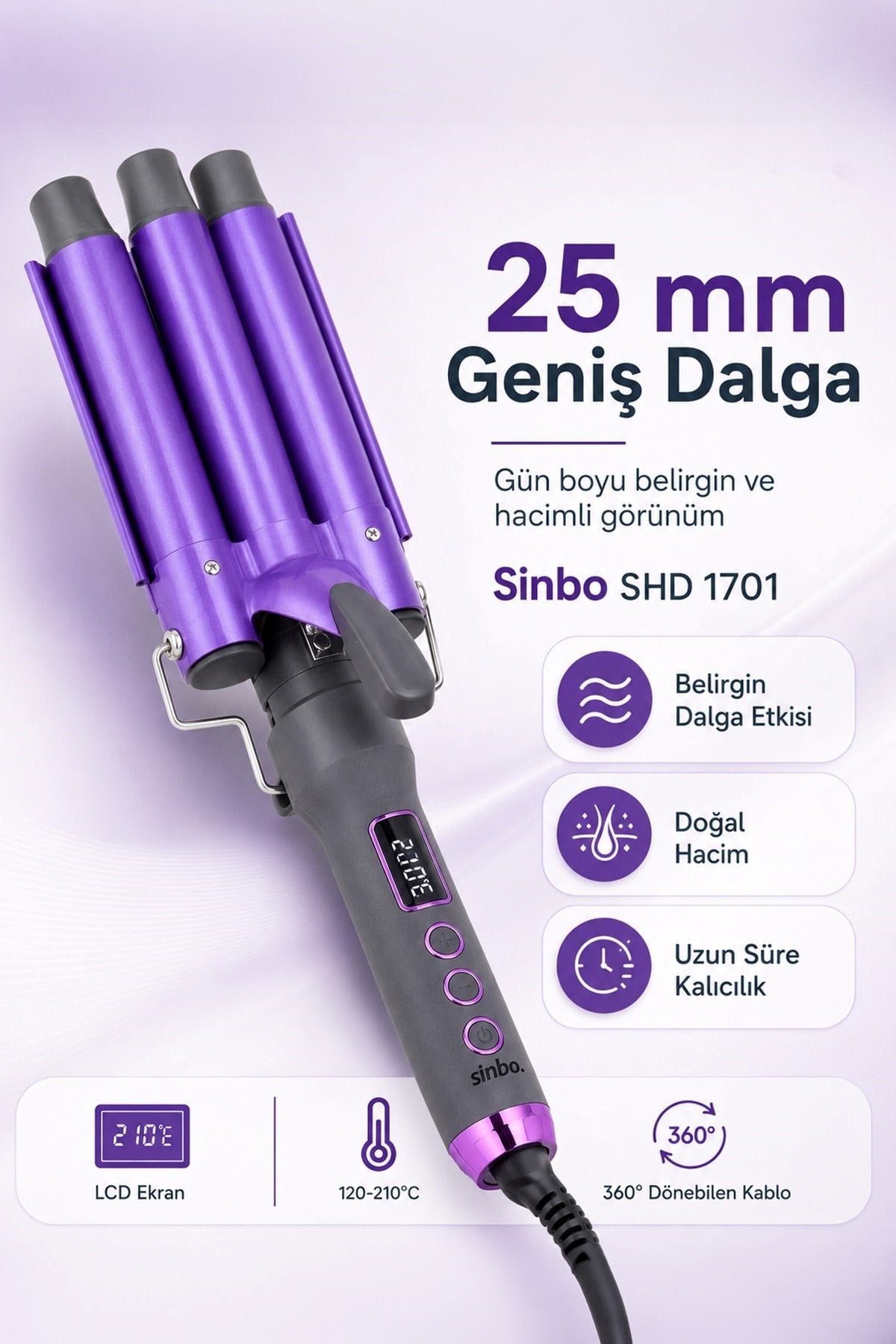 Sinbo SHD 1701 Dijital Su Dalgası Wag Saç Maşası LCD Ekranlı 3’lü Seramik 25 mm Saç Şekillendirici