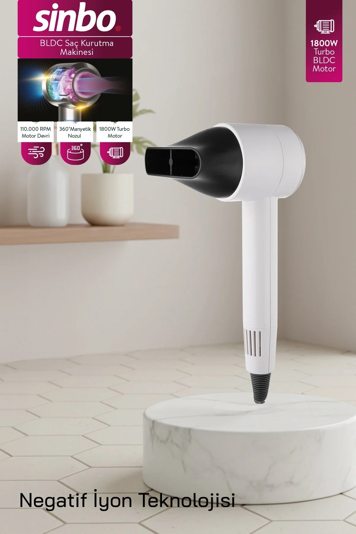Sinbo SHD-1705 BLDC Saç Kurutma Makinesi Beyaz 1800W Güç, 3 Isı Ayarı,Soğuk Üfleme
