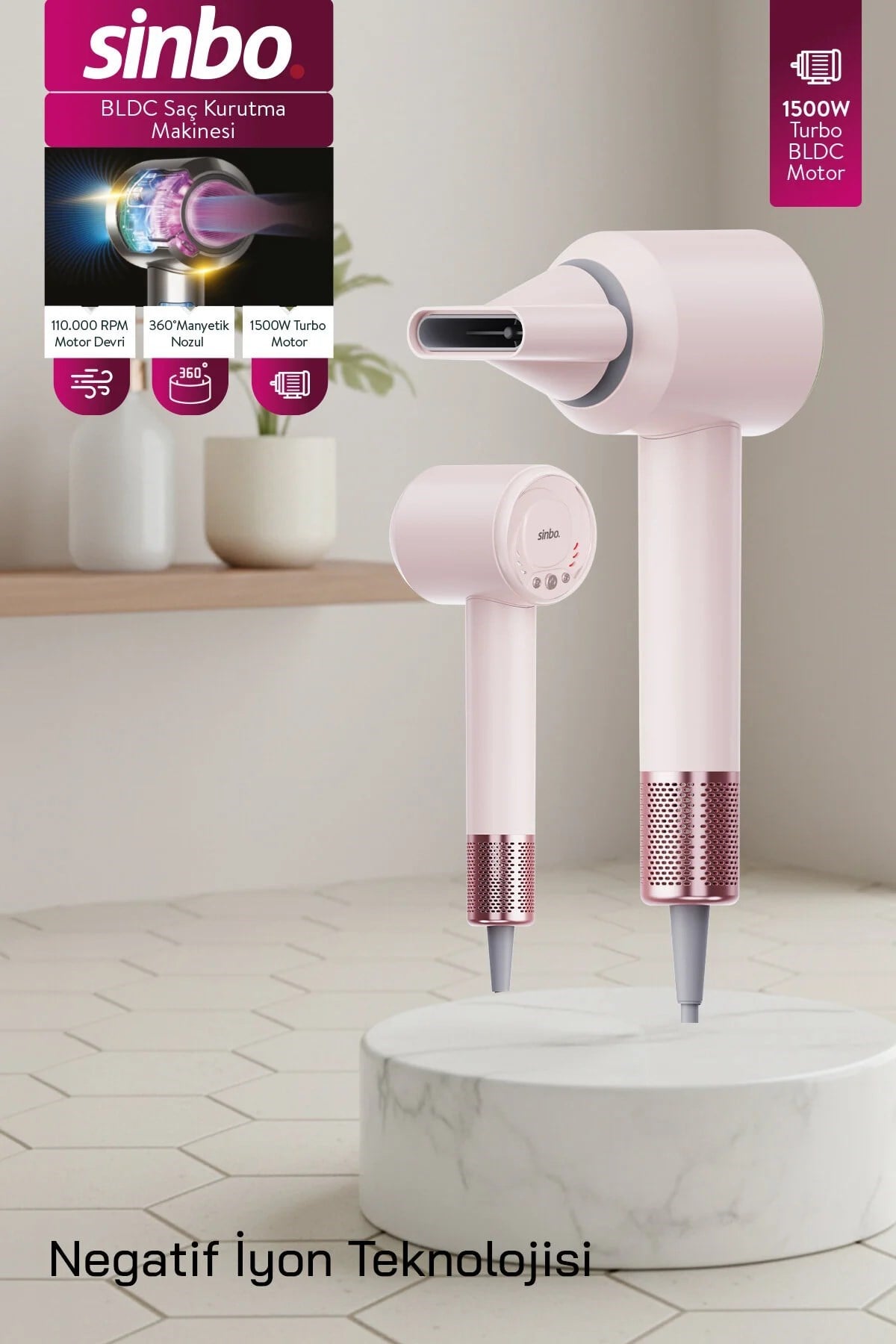Sinbo SHD-1740 BLDC Saç Kurutma Makinesi Pembe