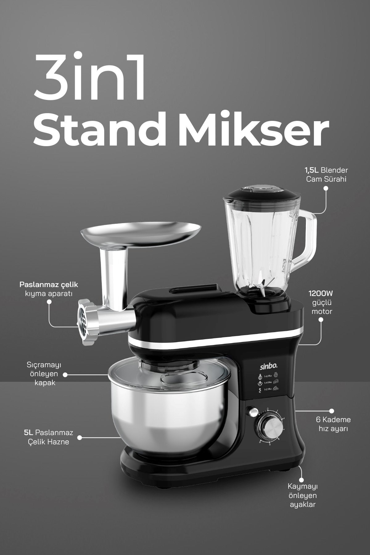 Sinbo SMX-2772 Çok Amaçlı 3ın1 Mutfak Şefi Hamur Yoğurma Kıyma Makinesi Sürahi Blender 1200w