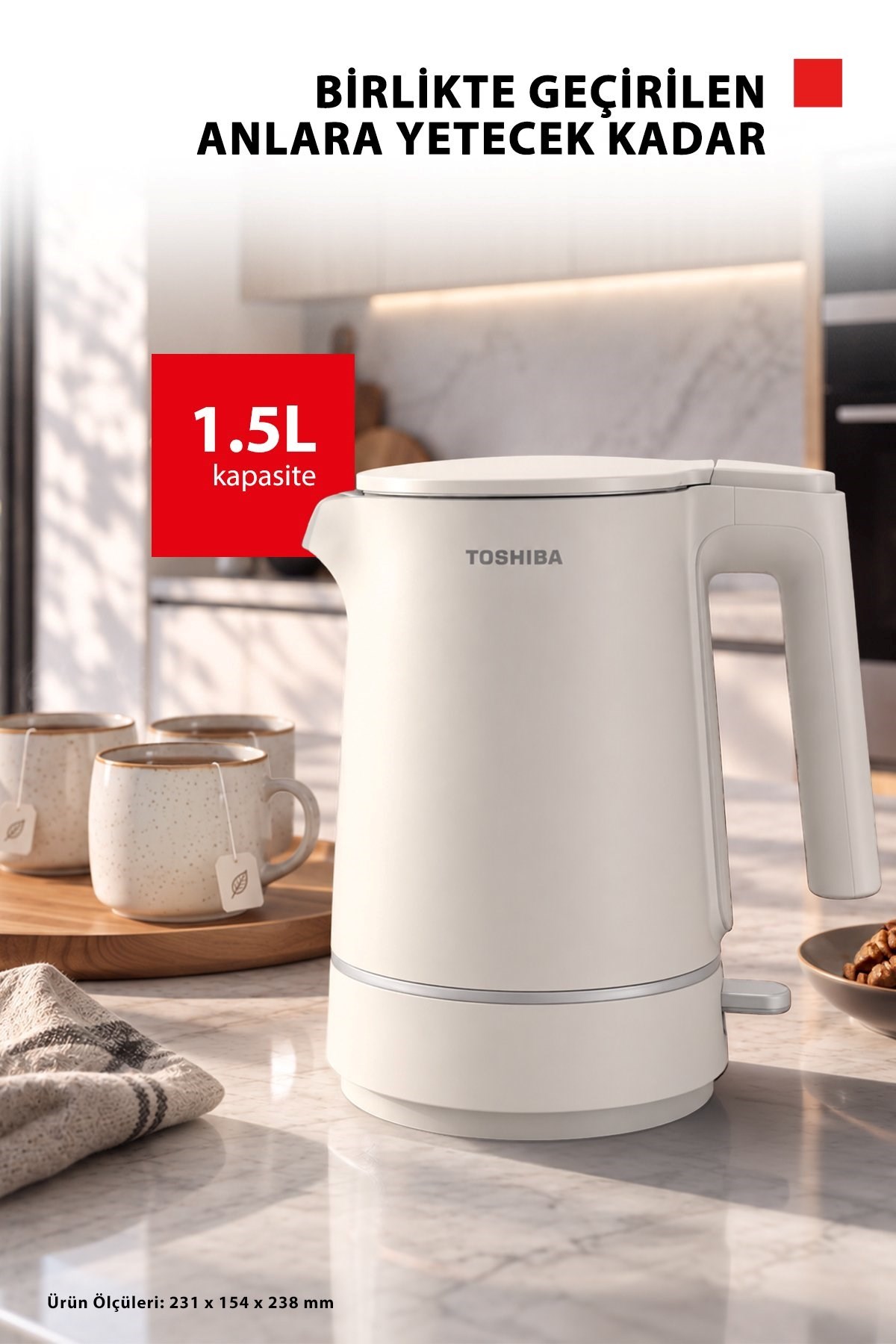 Toshiba Cool Touch Gizli Rezistanslı 1.5 L Beyaz Su Isıtıcı Kettle KT-15PS1VME(W)