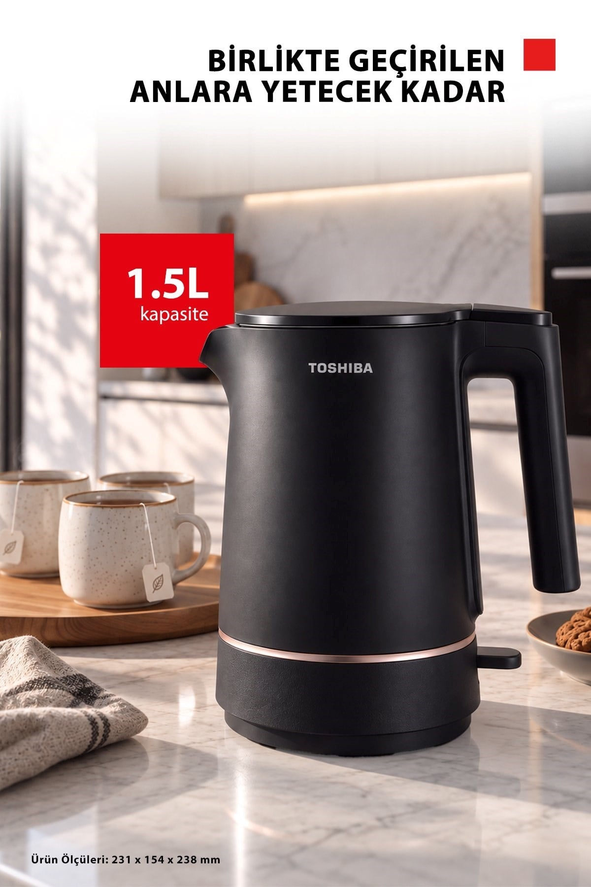Toshiba Cool Touch Gizli Rezistanslı 1.5 L Siyah Su Isıtıcı Kettle KT-15PS1WCIS(K)