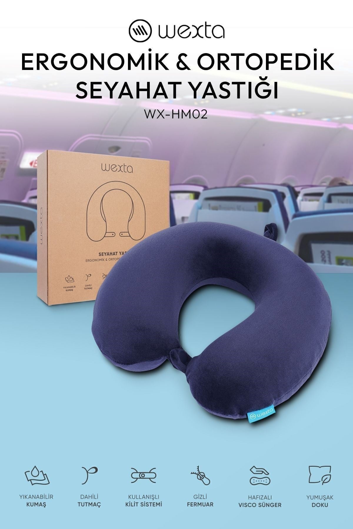 Wexta Seyahat Boyun Yastığı Comfort Ortopedik Seyahat Yastığı Visco Lacivert