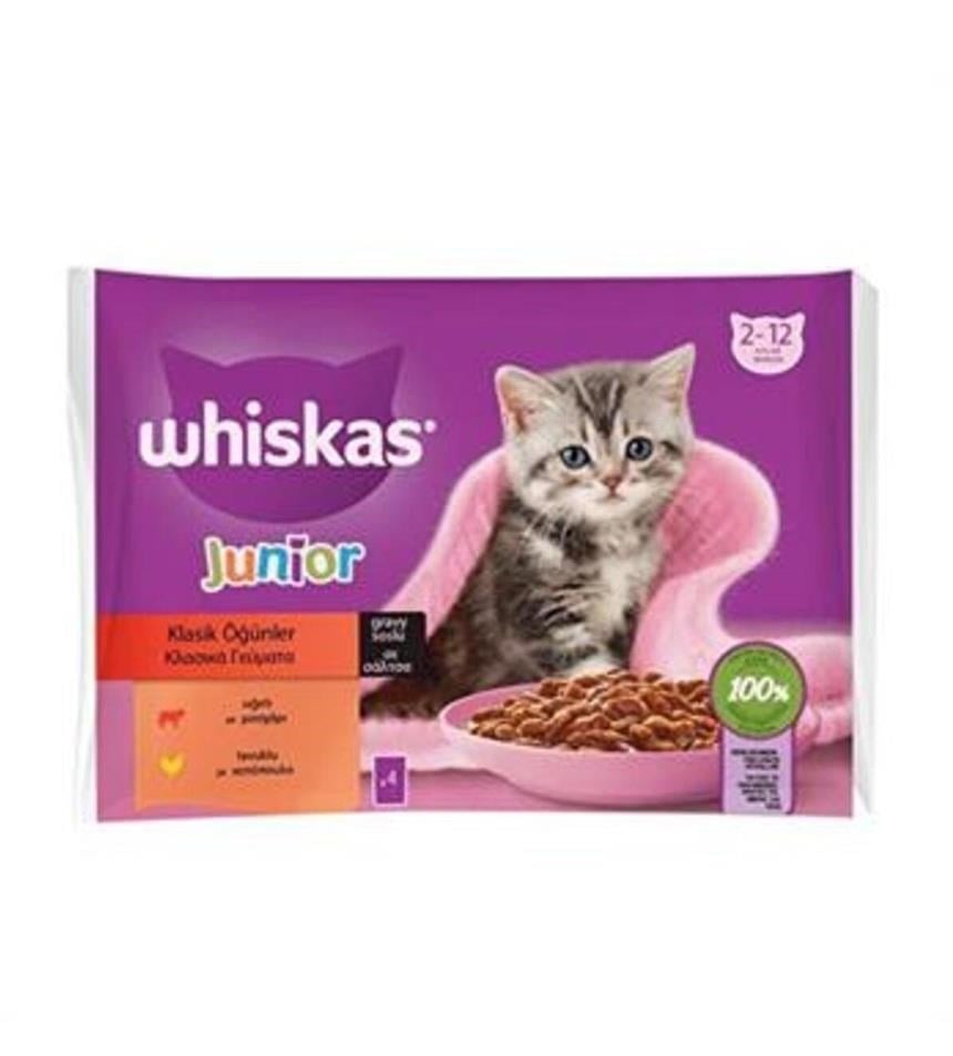 Whiskas Junior Yavru Kedi Klasik Öğünler Sığırlı Tavuklu 4X85 Gr