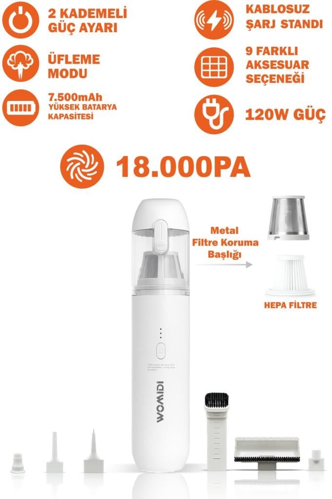 Womidi Ev Araç İçi Süpürge 18.000Pa Güçlü Emiş,9 Adet Aksesuar Üfleme Fonksiyonlu, Taşınabilir Mini Süpürge