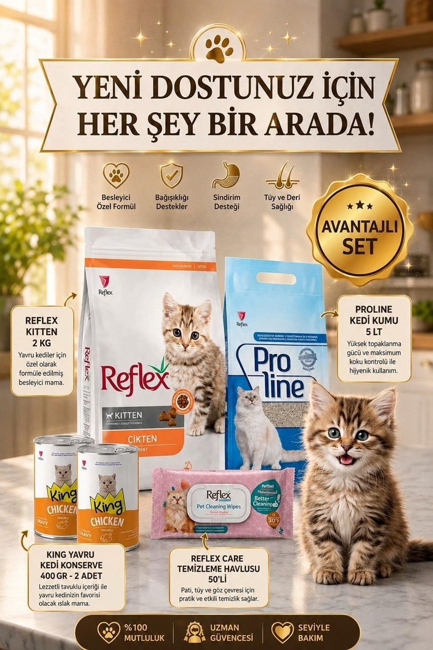 Yavru Kedi Seti-Kitten 2 KG+ProLine Kedi Kumu 5 LT+King Yavru Kedi Konserve400 GR Temizleme Havlusu