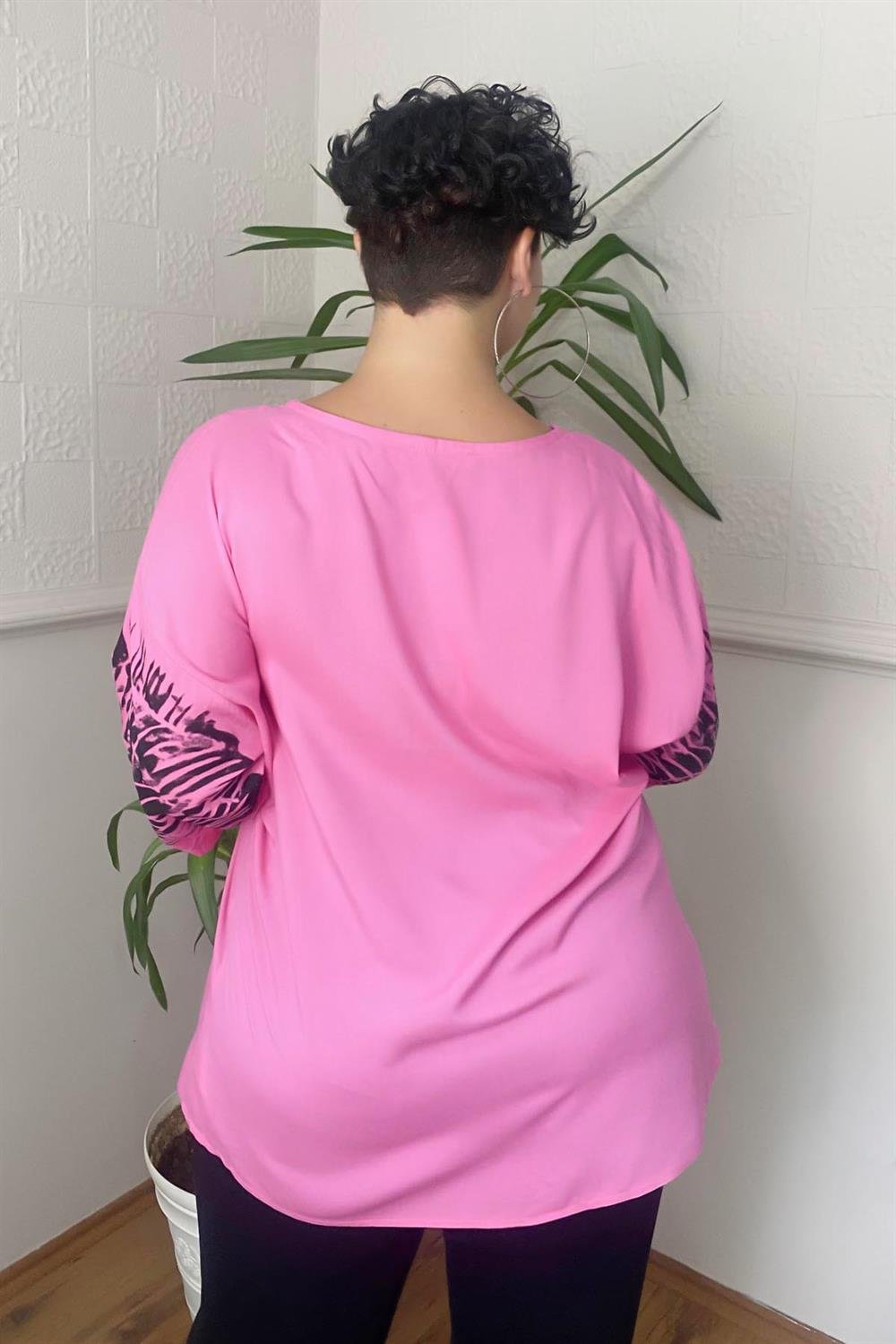 Baskılı Taş Detay Büyük Beden Gömlek Bluz Fuşya-Pembe
