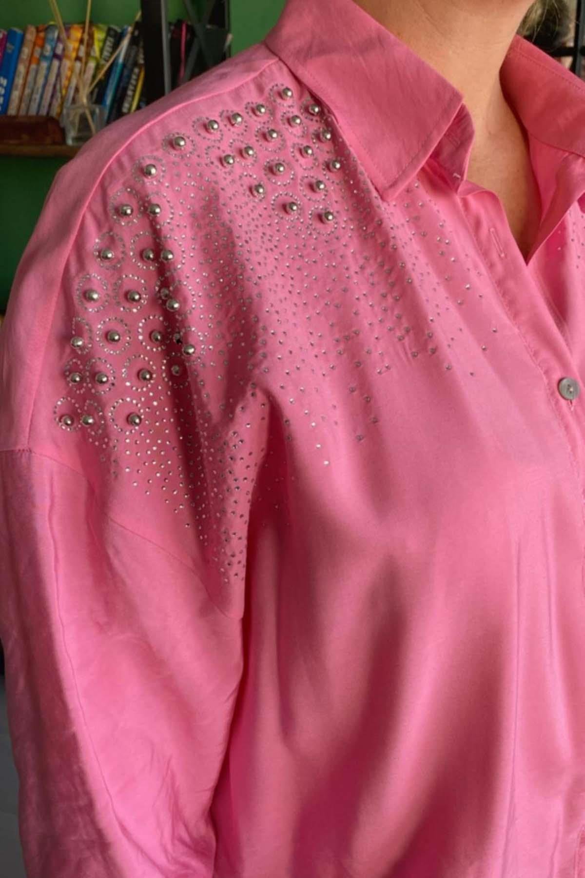 Boncuk İşlemeli Aerobin Gömlek Büyük Beden Pembe