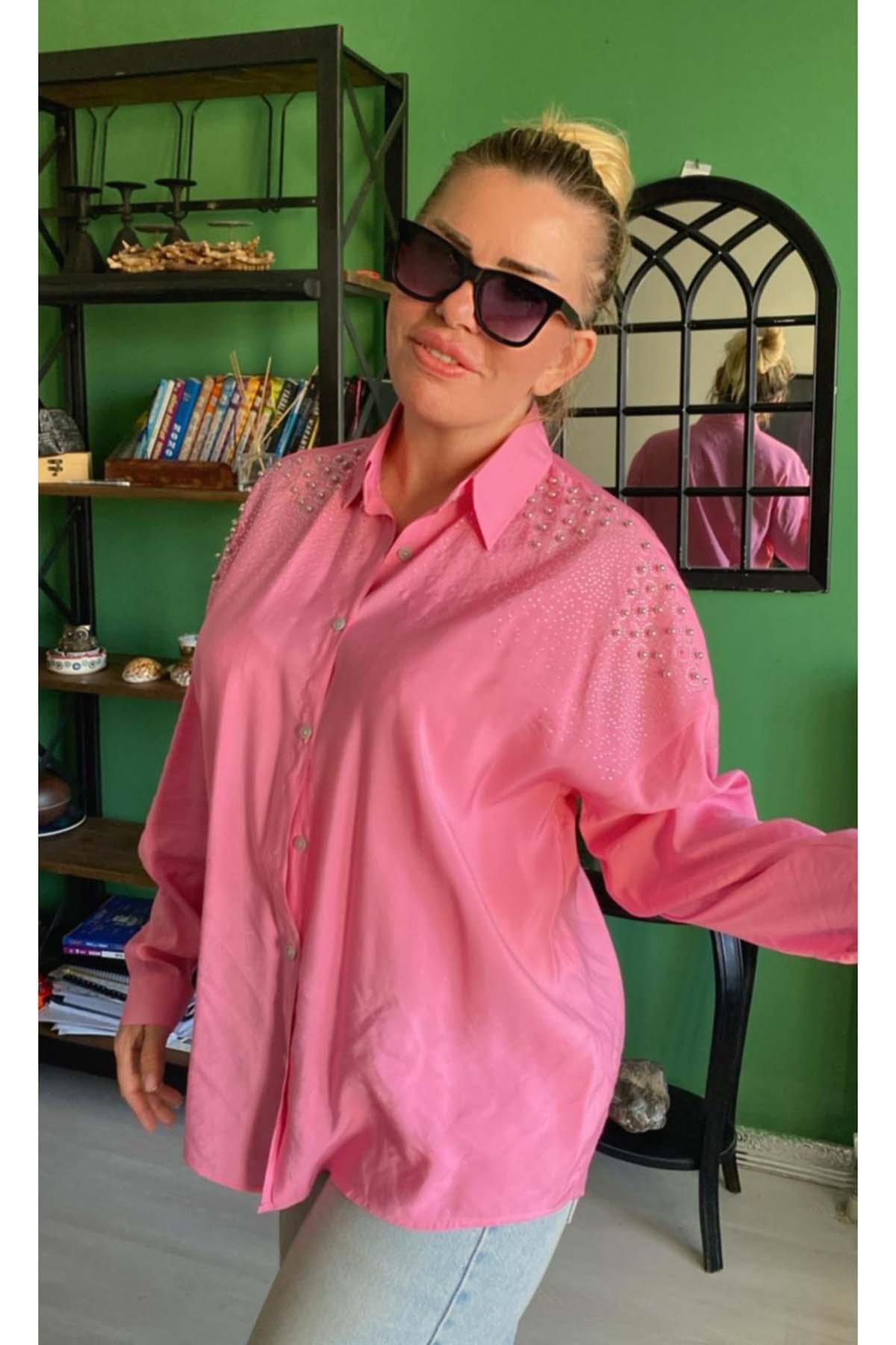 Boncuk İşlemeli Aerobin Gömlek Büyük Beden Pembe