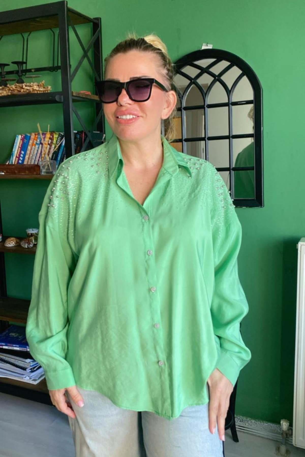 Boncuk İşlemeli Aerobin Gömlek Büyük Beden Yeşil