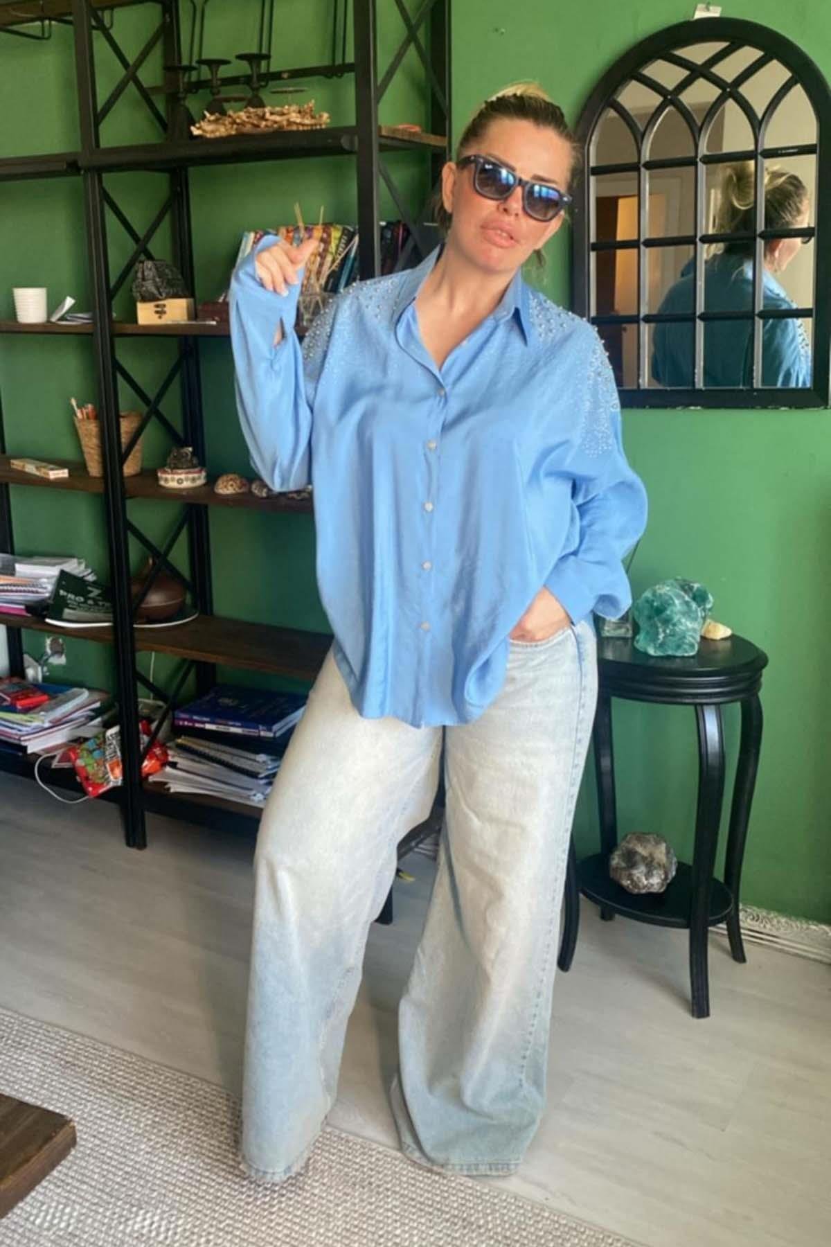 Boncuk İşlemeli Aerobin Gömlek Büyük Beden Mavi