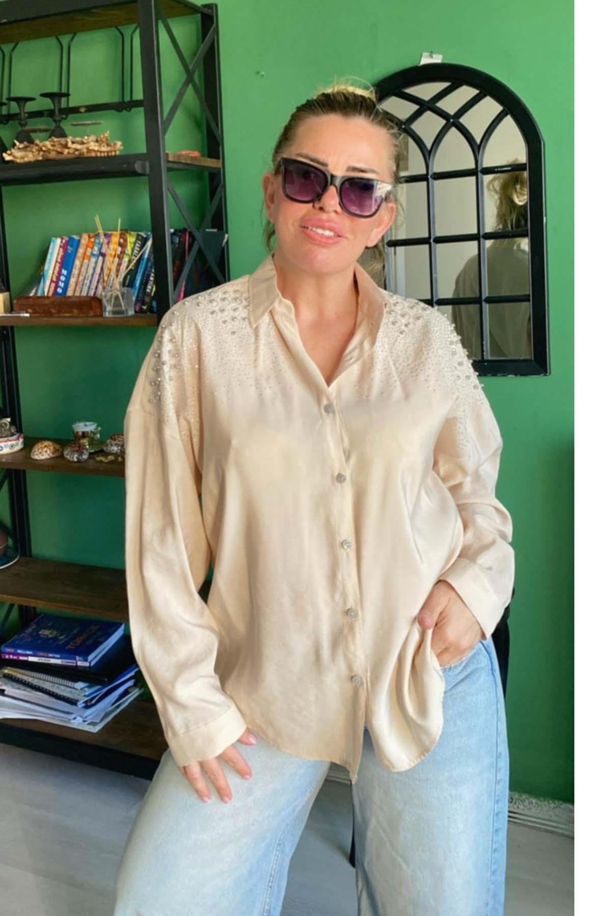 Boncuk İşlemeli Aerobin Gömlek Büyük Beden Taş