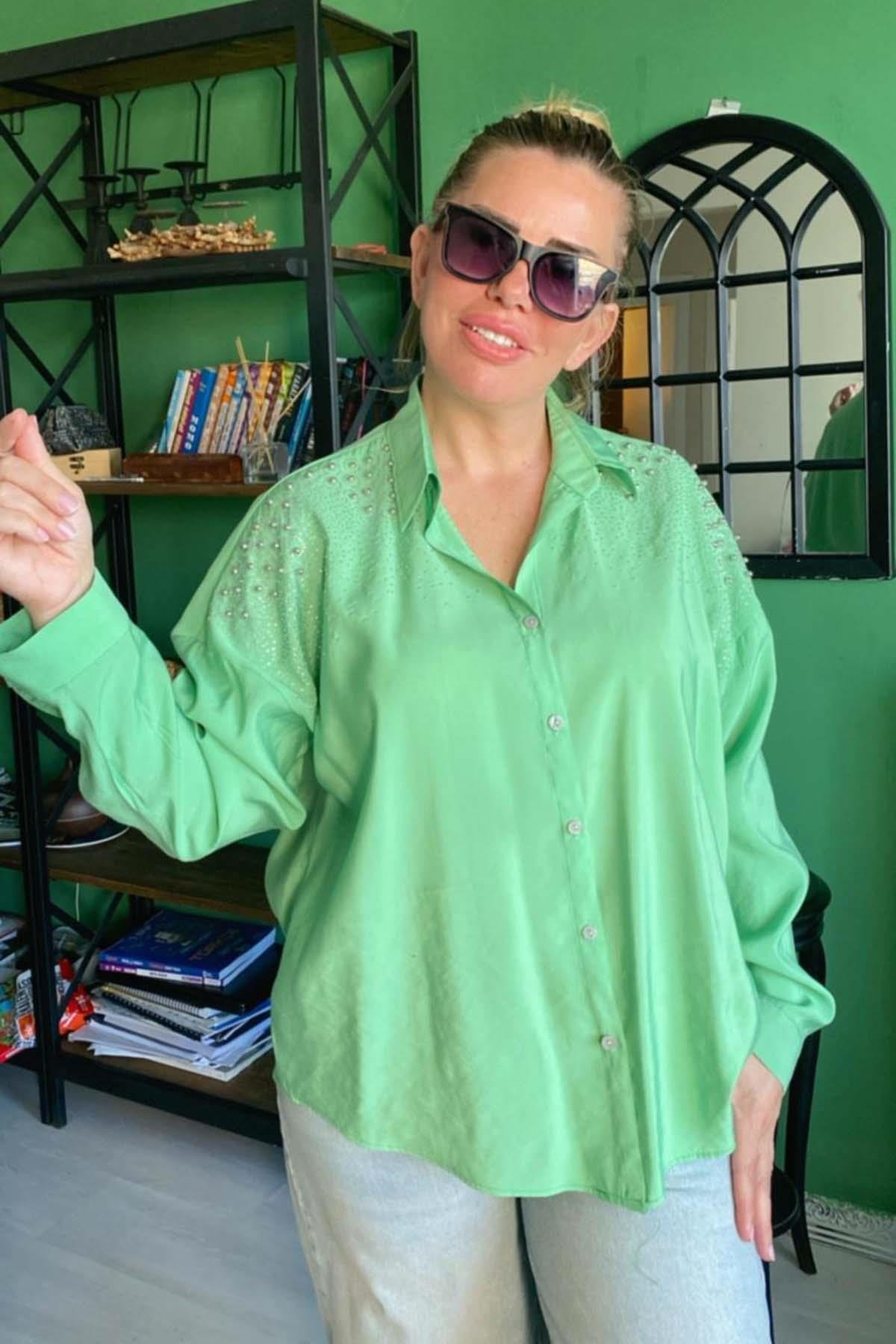 Boncuk İşlemeli Aerobin Gömlek Büyük Beden Yeşil