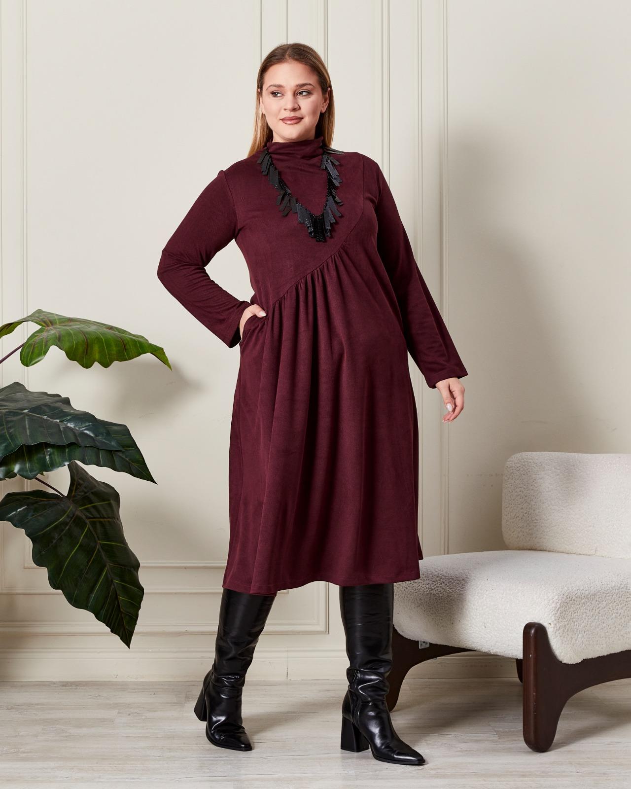 Büzgülü Yumuşak Dokulu Elbise Mürdüm