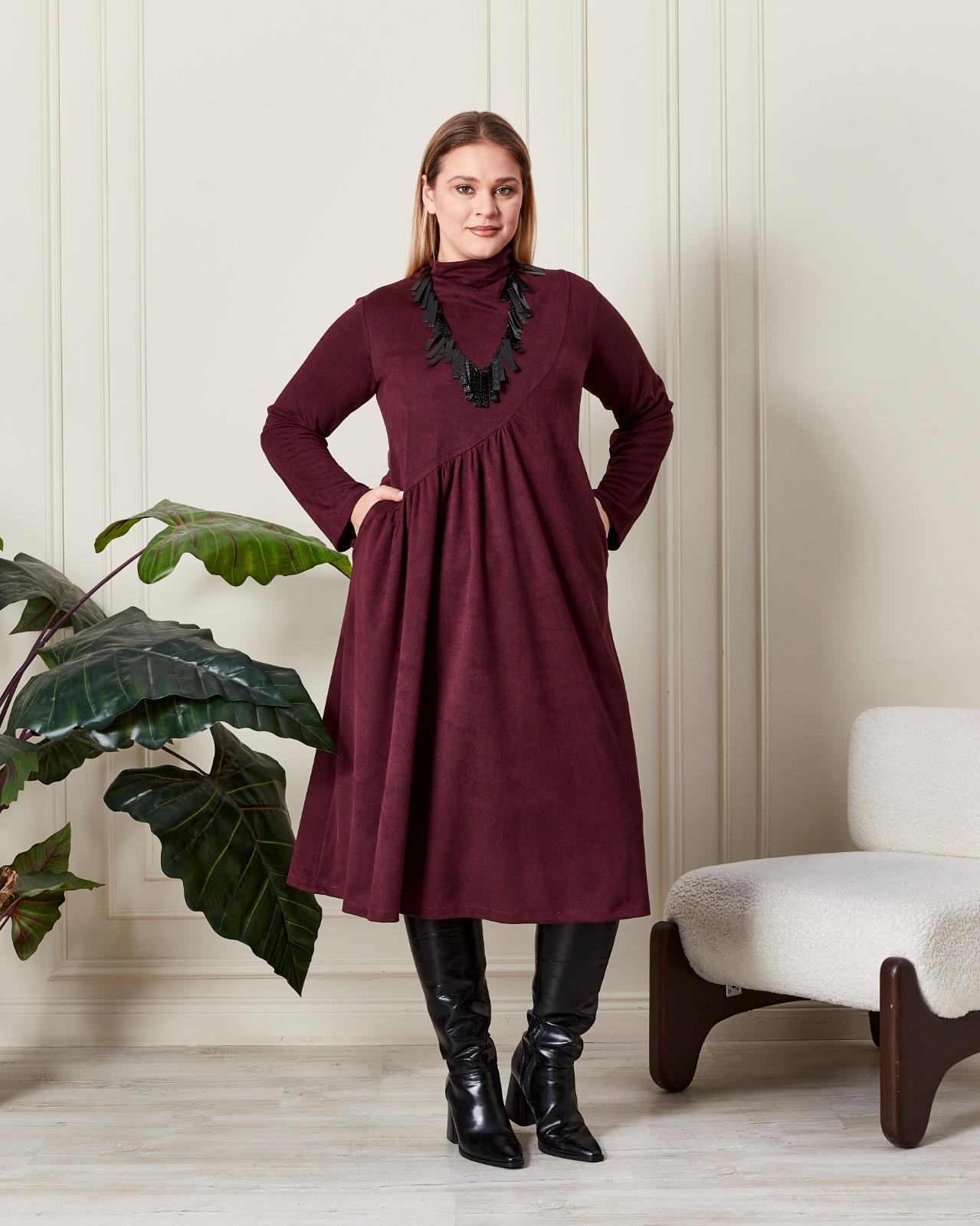 Büzgülü Yumuşak Dokulu Elbise Mürdüm