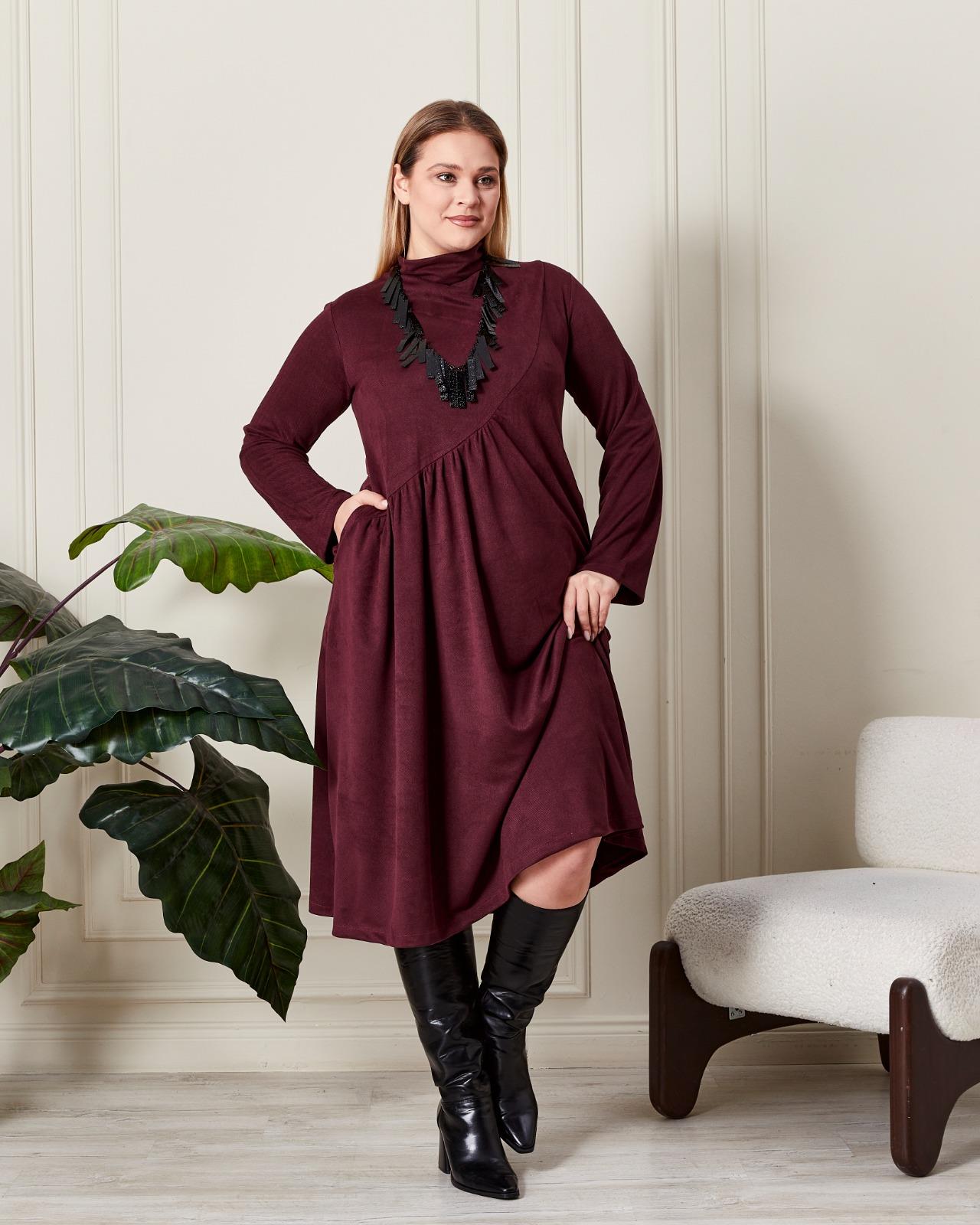 Büzgülü Yumuşak Dokulu Elbise Mürdüm