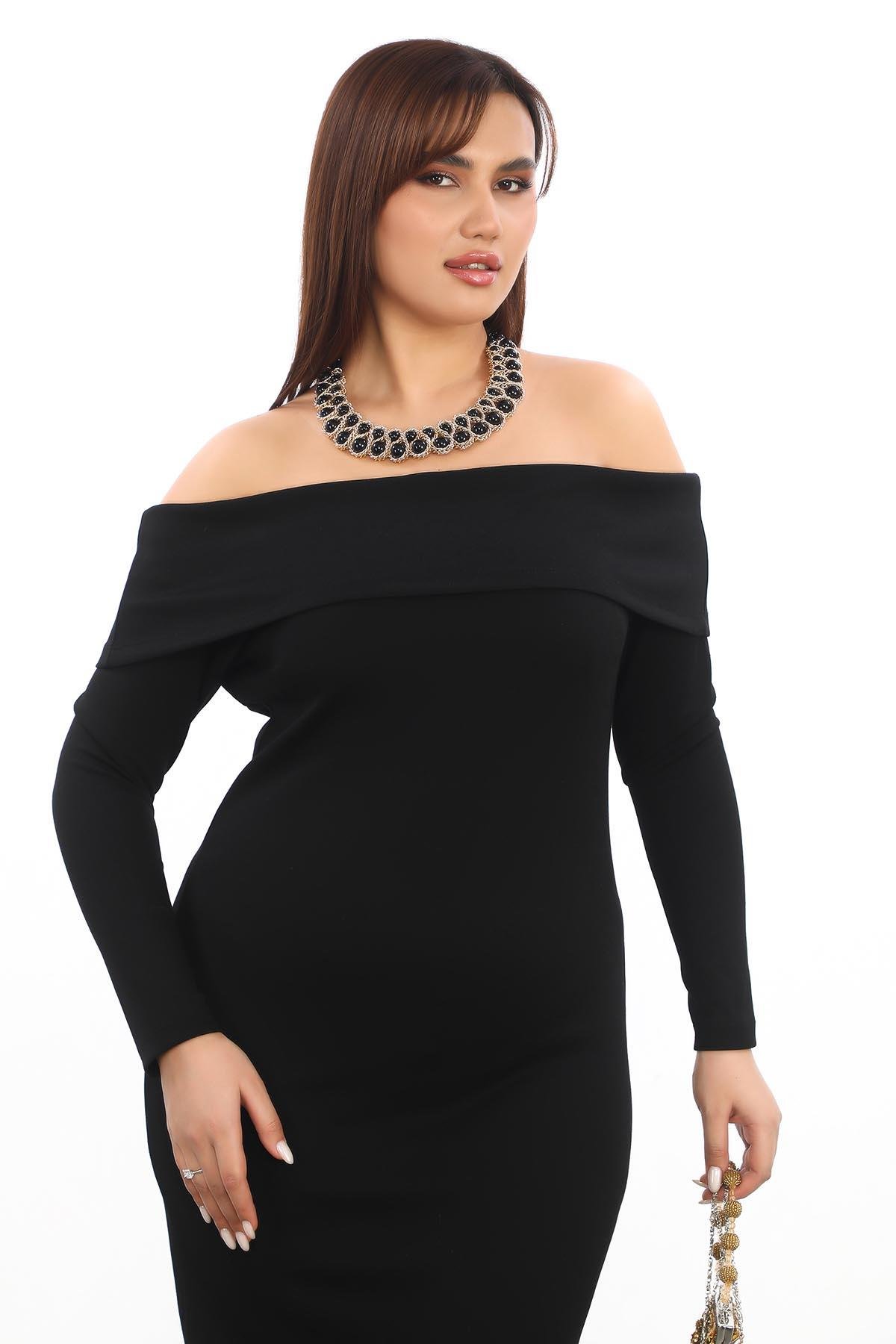 Carmen Yaka Oysho Kumaş Büyük Beden Elbise Siyah