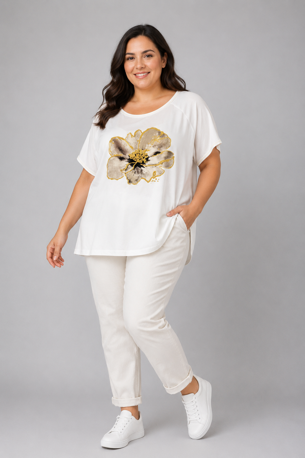 Çiçek Baskılı Büyük Beden Viskon Bluz ekru