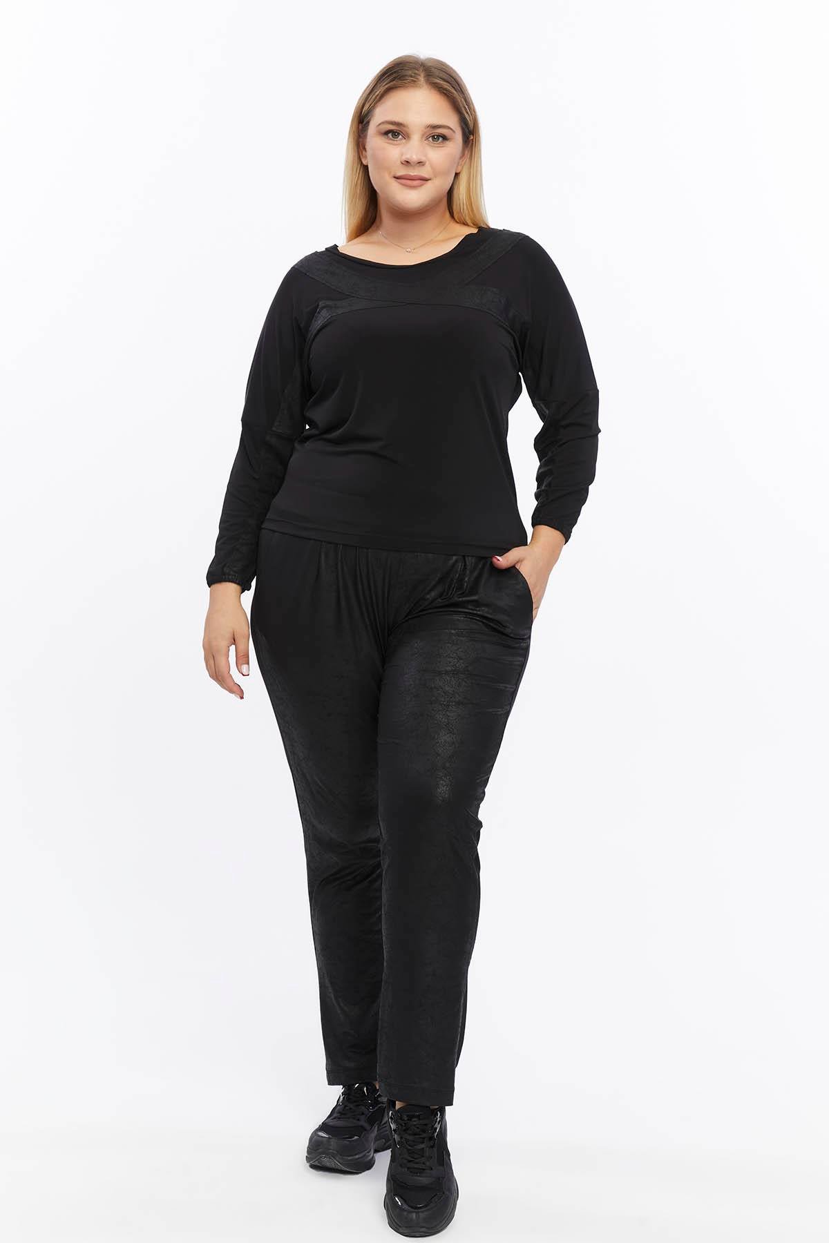 Deri Detaylı Büyük Beden Eşofman Takım Siyah