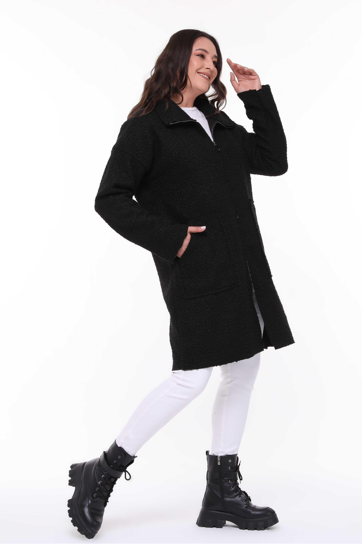 Dik Yaka Buklet Büyük Beden Uzun Mont Siyah