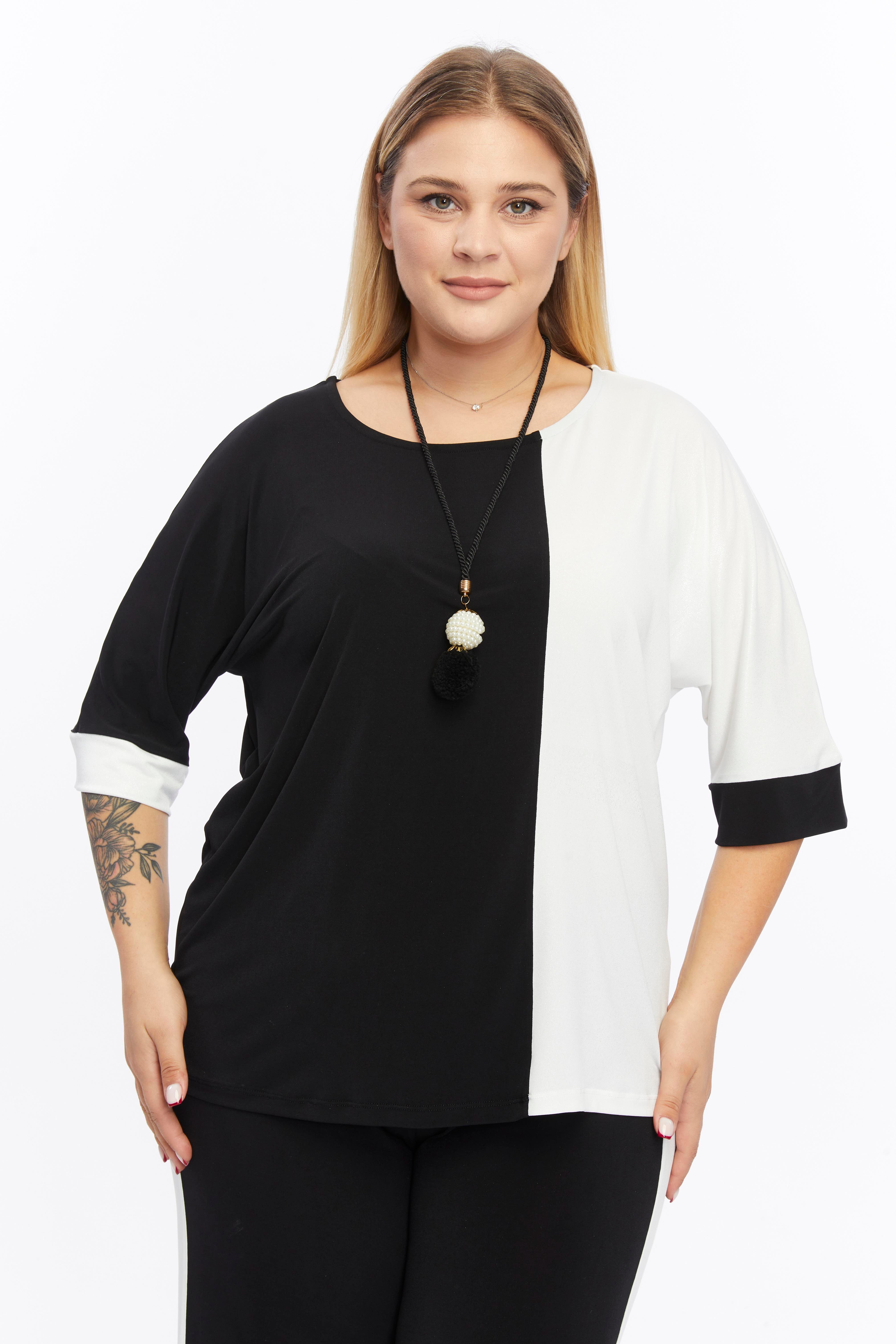 İki Renk Kolyeli Büyük Beden Bluz Siyah-Ekru