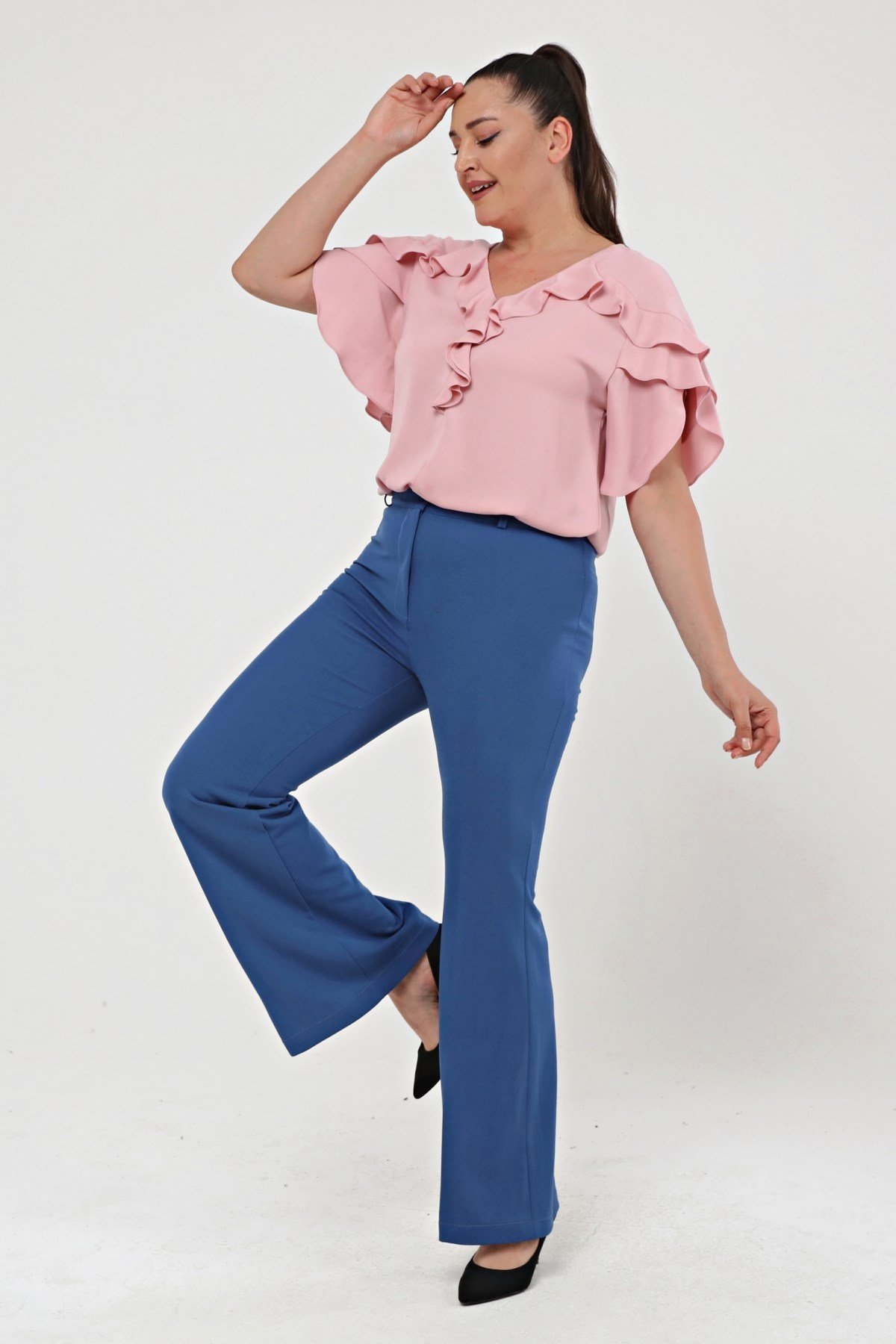 İspanyol Paça Büyük Beden Krep Pantolon Mavi