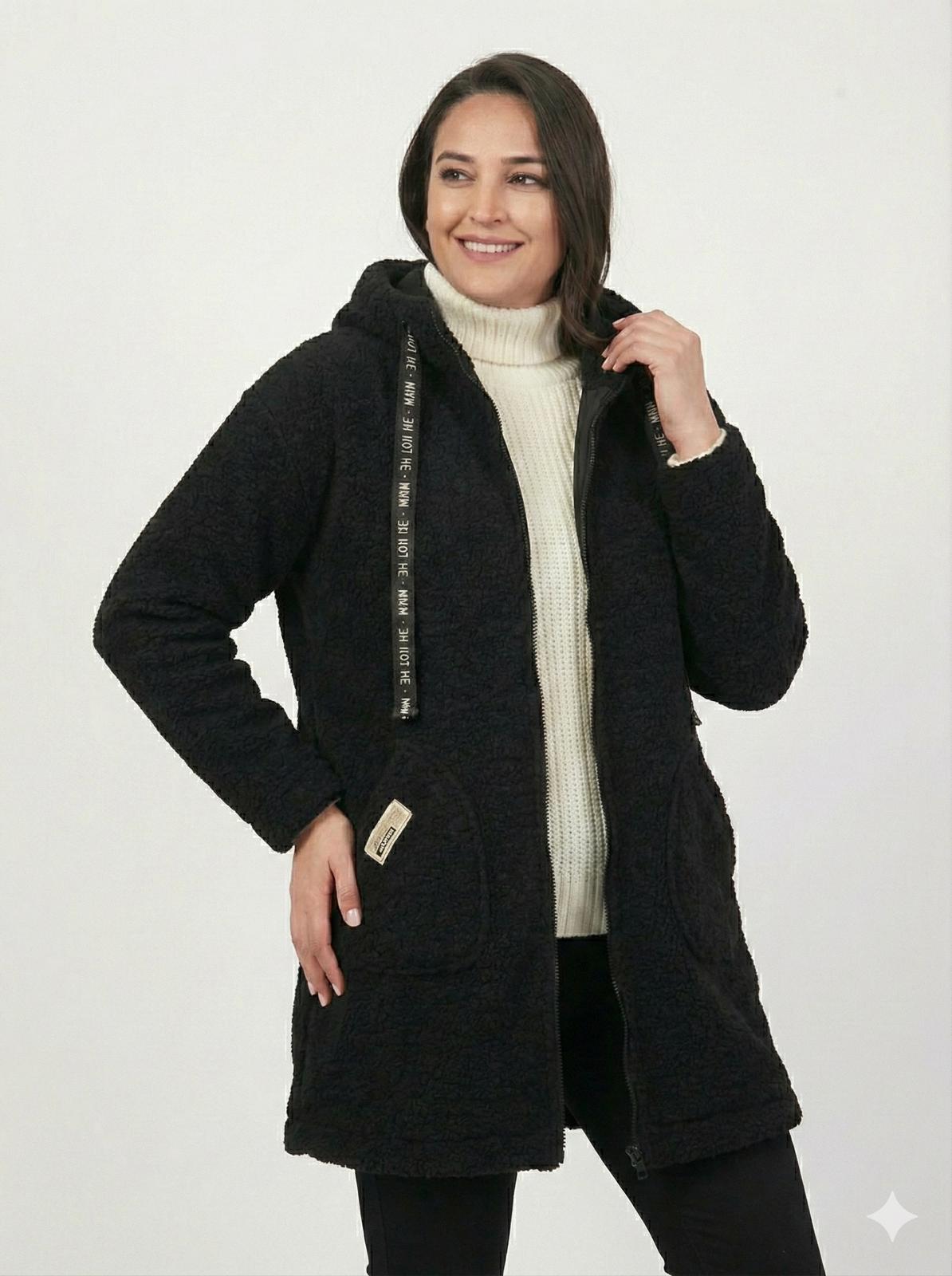 KAPÜŞONLU BUKLET BÜYÜK BEDEN  DİZ ÜSTÜ MONT Siyah