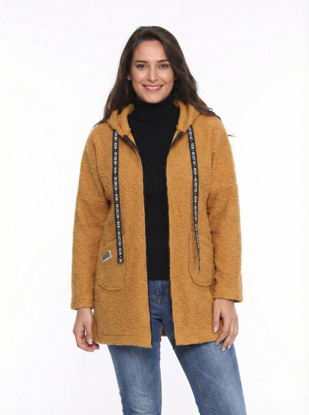 KAPÜŞONLU BUKLET BÜYÜK BEDEN  DİZ ÜSTÜ MONT Taba