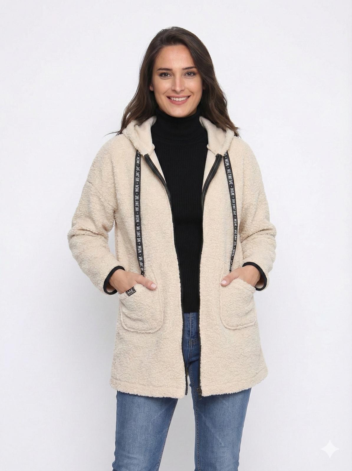 KAPÜŞONLU BUKLET BÜYÜK BEDEN  DİZ ÜSTÜ MONT ekru