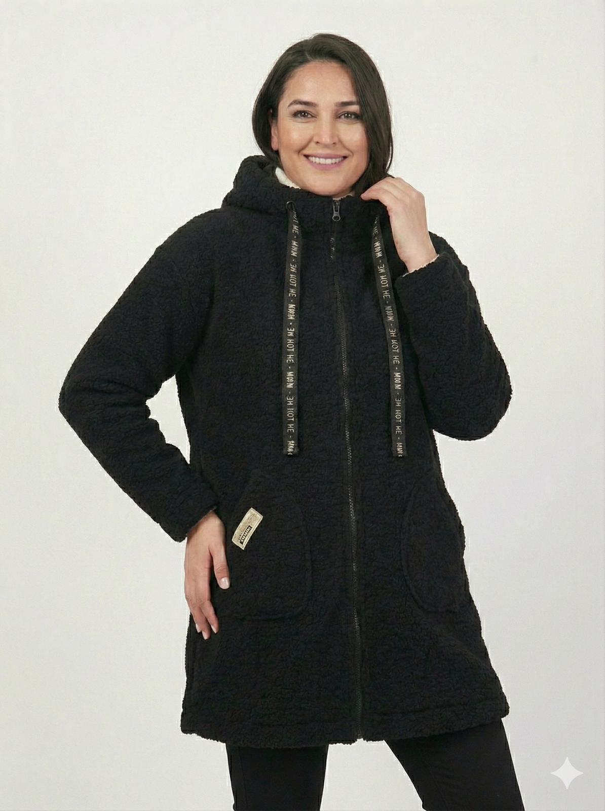 KAPÜŞONLU BUKLET BÜYÜK BEDEN  DİZ ÜSTÜ MONT Siyah