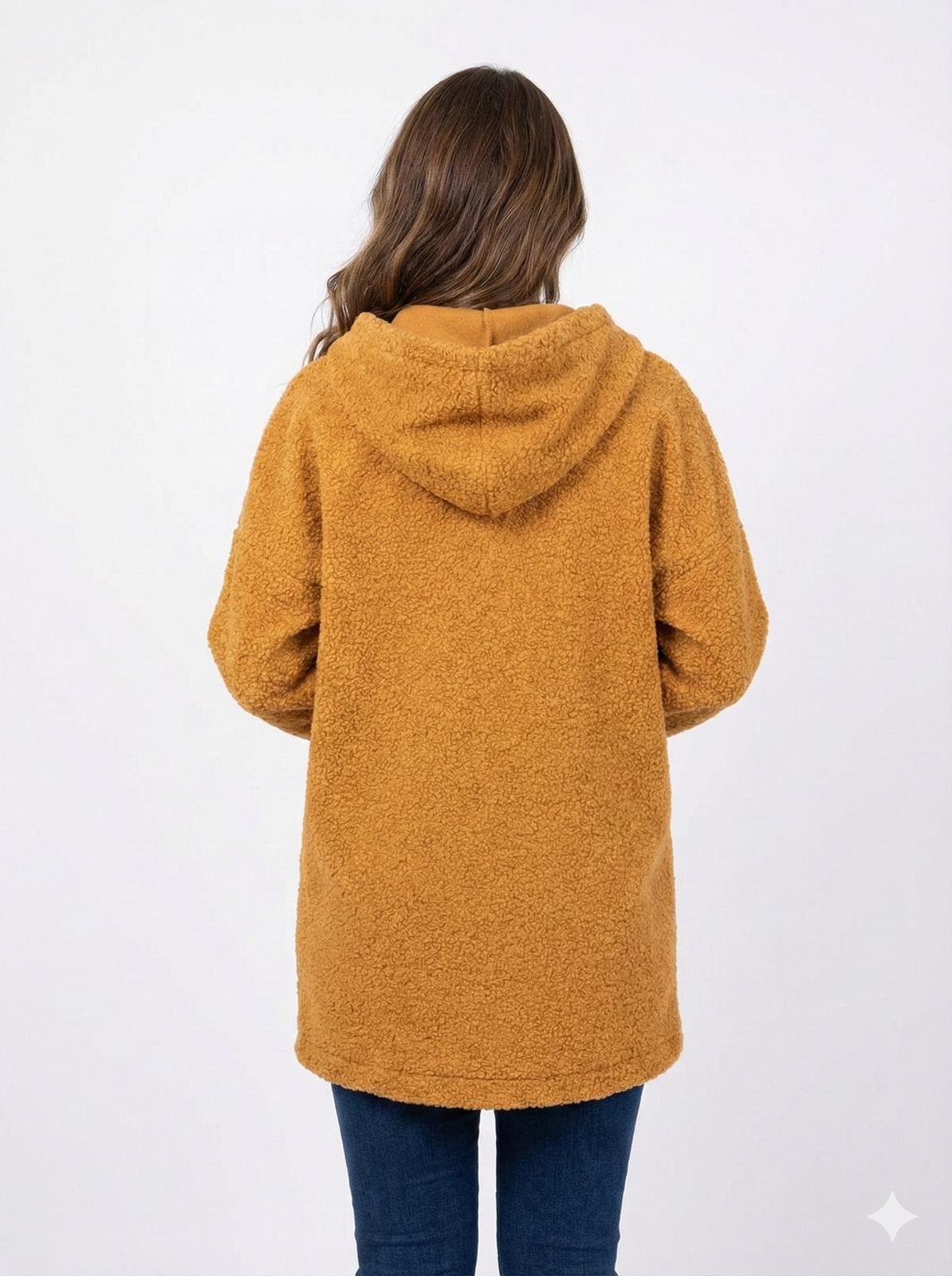 KAPÜŞONLU BUKLET BÜYÜK BEDEN  DİZ ÜSTÜ MONT Taba