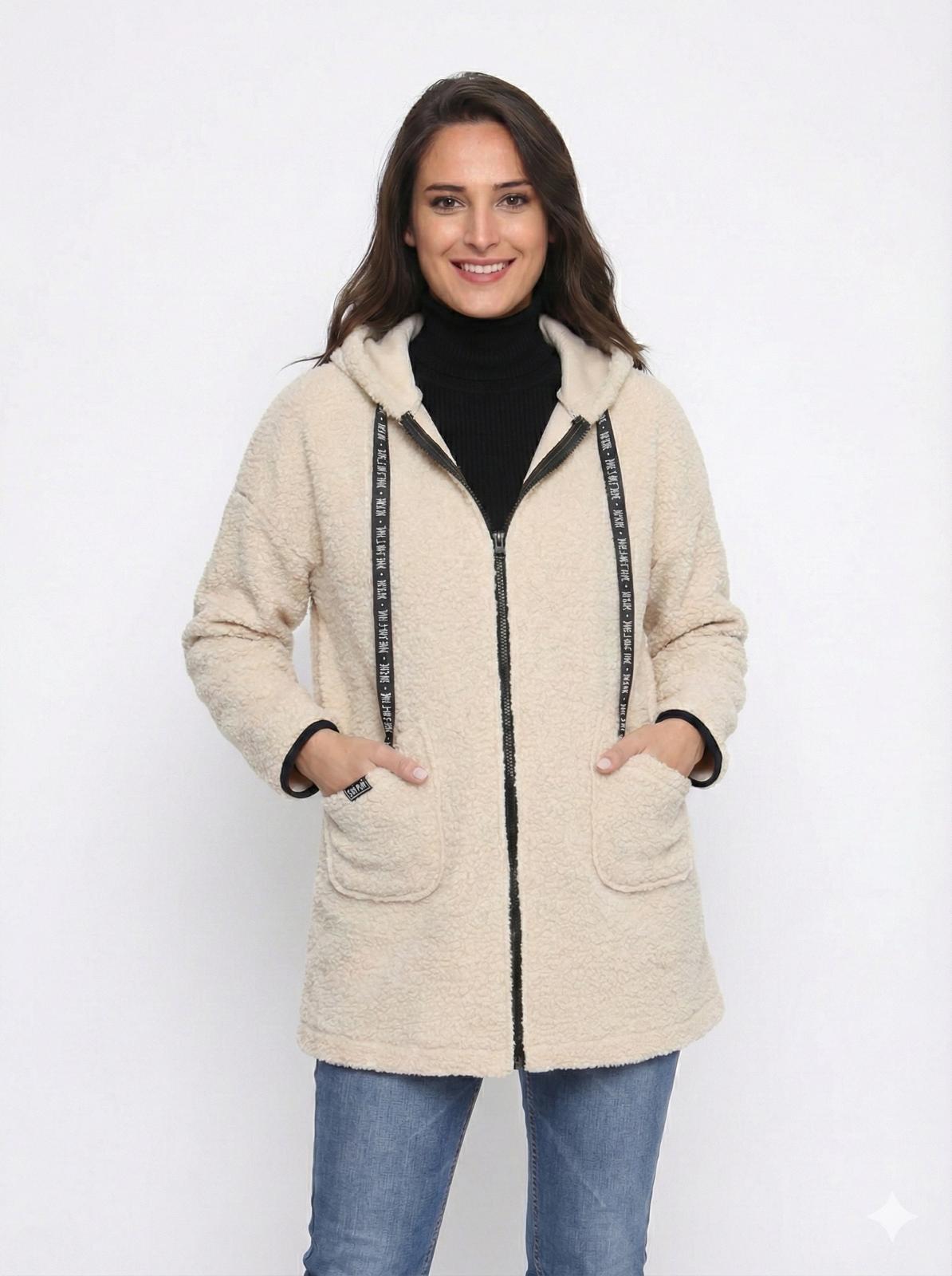 KAPÜŞONLU BUKLET BÜYÜK BEDEN  DİZ ÜSTÜ MONT ekru