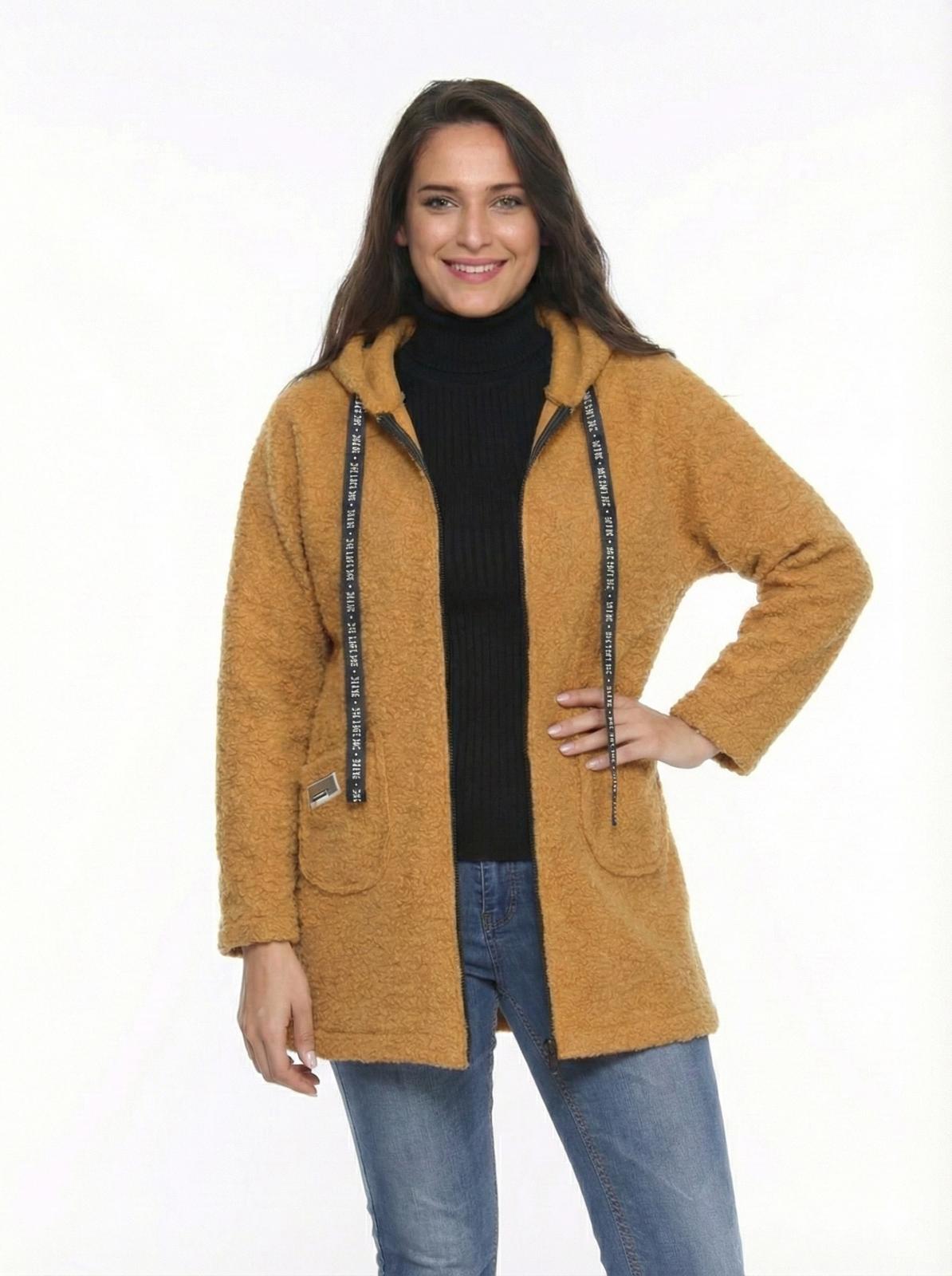 KAPÜŞONLU BUKLET BÜYÜK BEDEN  DİZ ÜSTÜ MONT Taba