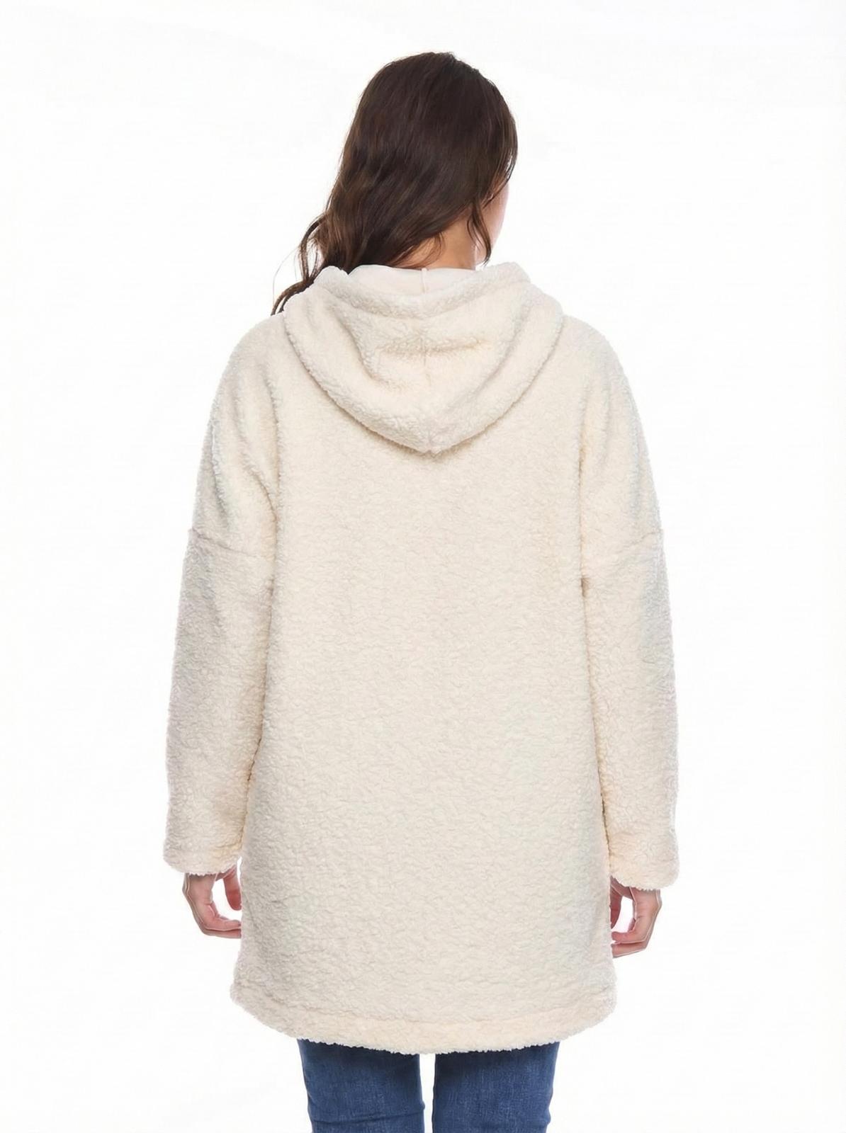 KAPÜŞONLU BUKLET BÜYÜK BEDEN  DİZ ÜSTÜ MONT ekru