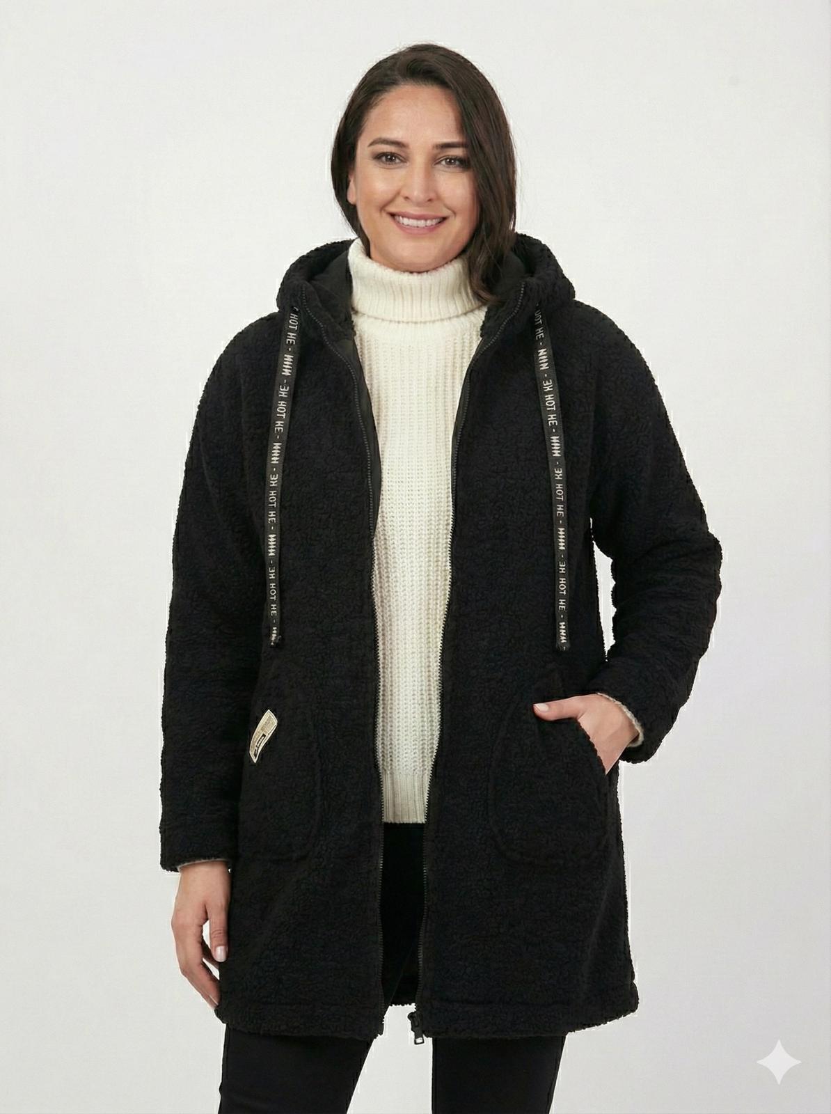 KAPÜŞONLU BUKLET BÜYÜK BEDEN  DİZ ÜSTÜ MONT Siyah