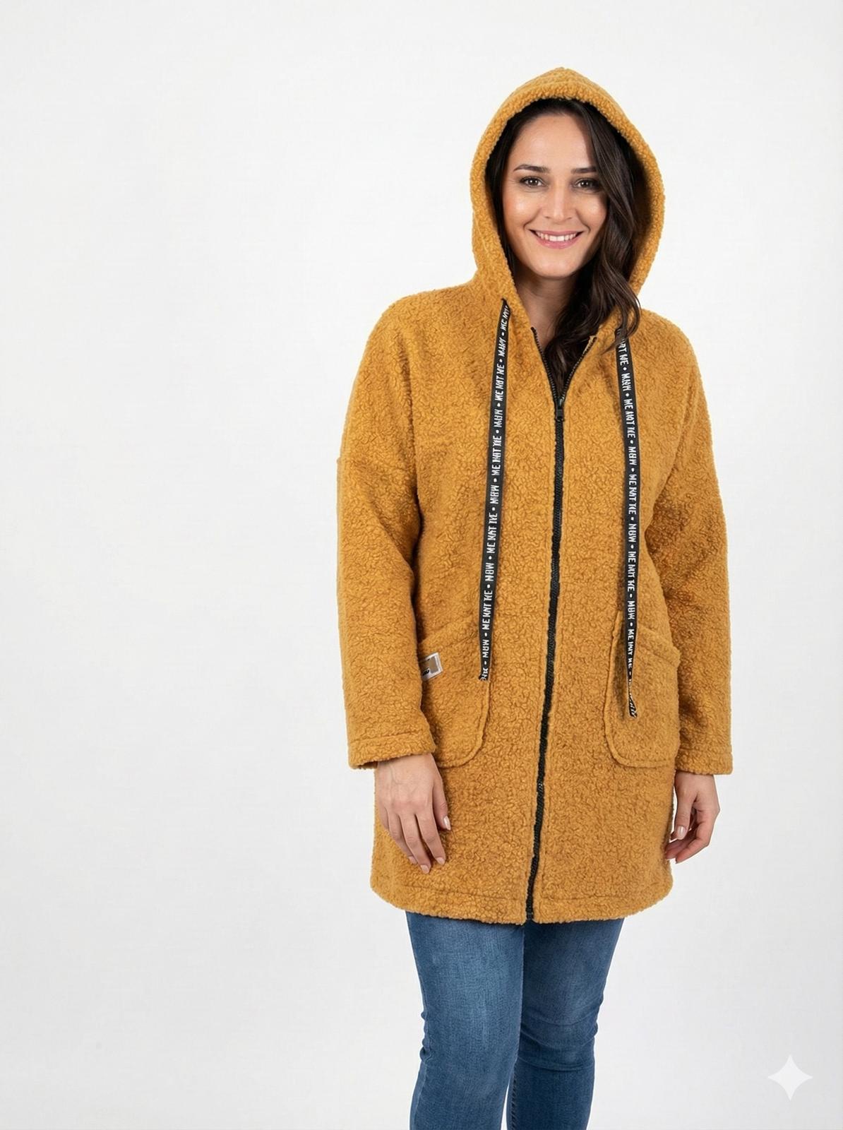 KAPÜŞONLU BUKLET BÜYÜK BEDEN  DİZ ÜSTÜ MONT Taba