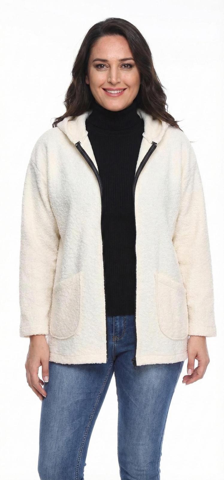 Kapüşonlu Buklet Büyük Beden Kısa Mont ekru