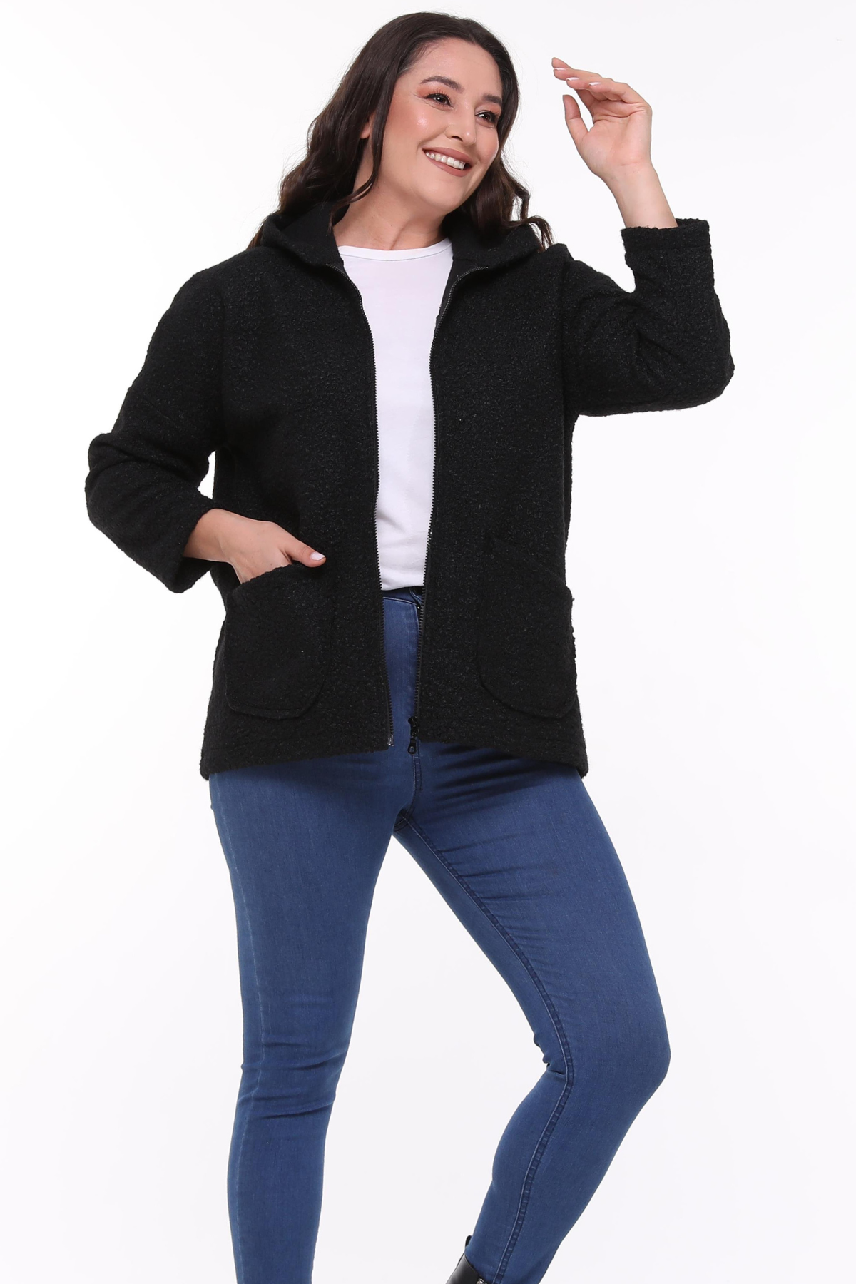 Kapüşonlu Buklet Büyük Beden Kısa Mont Siyah