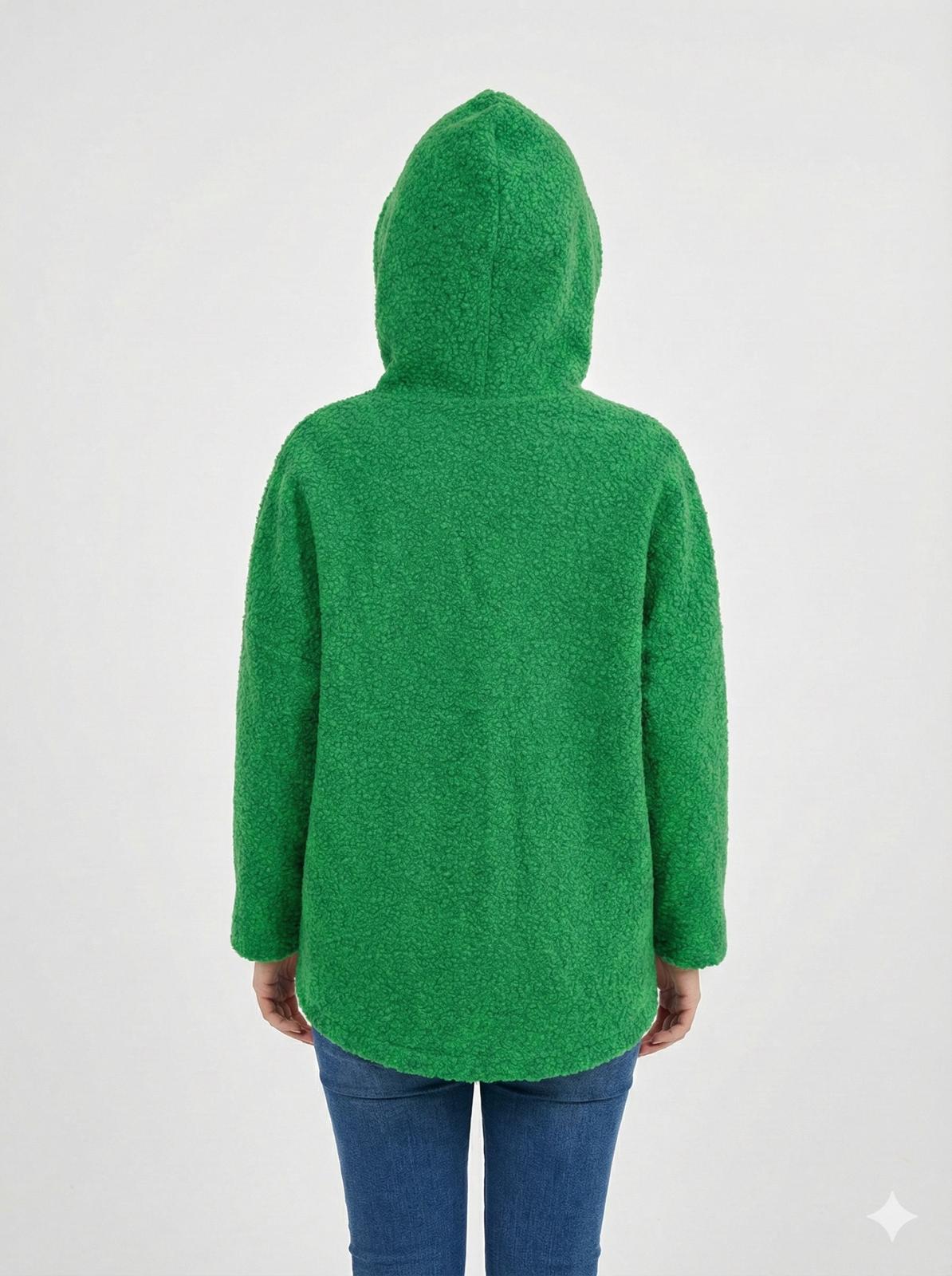 Kapüşonlu Buklet Büyük Beden Kısa Mont Yeşil