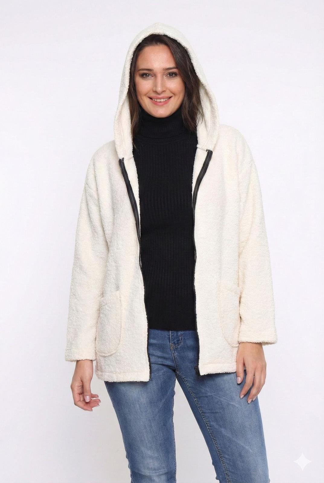 Kapüşonlu Buklet Büyük Beden Kısa Mont ekru